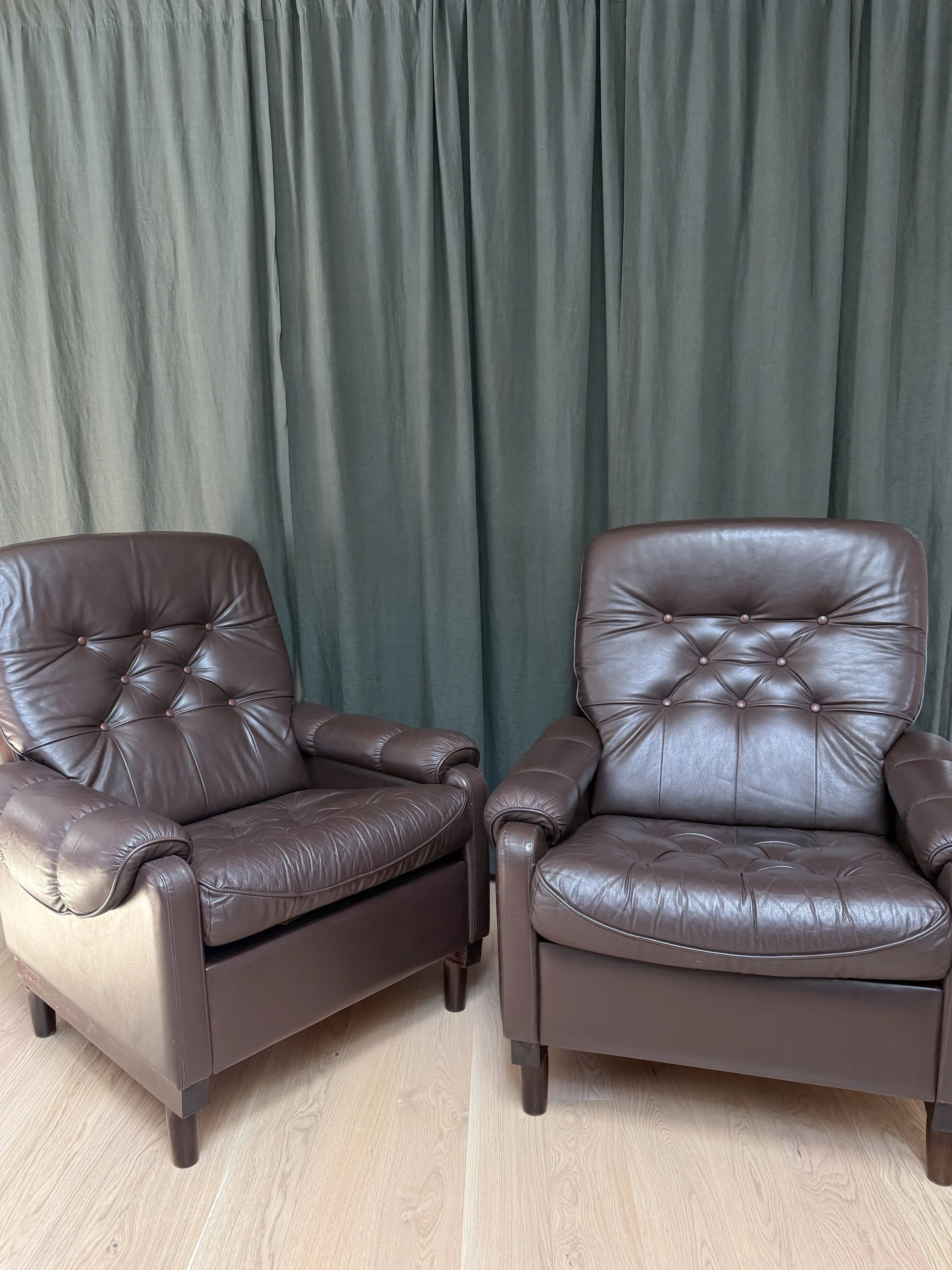 1970s Scandinavian Tufted Leather Armchairs — Pair
