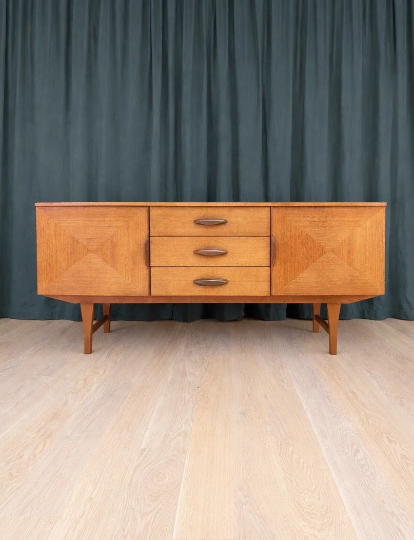 Danish Teak Sideboard with Parquetry Doors and Sculpted Pulls
