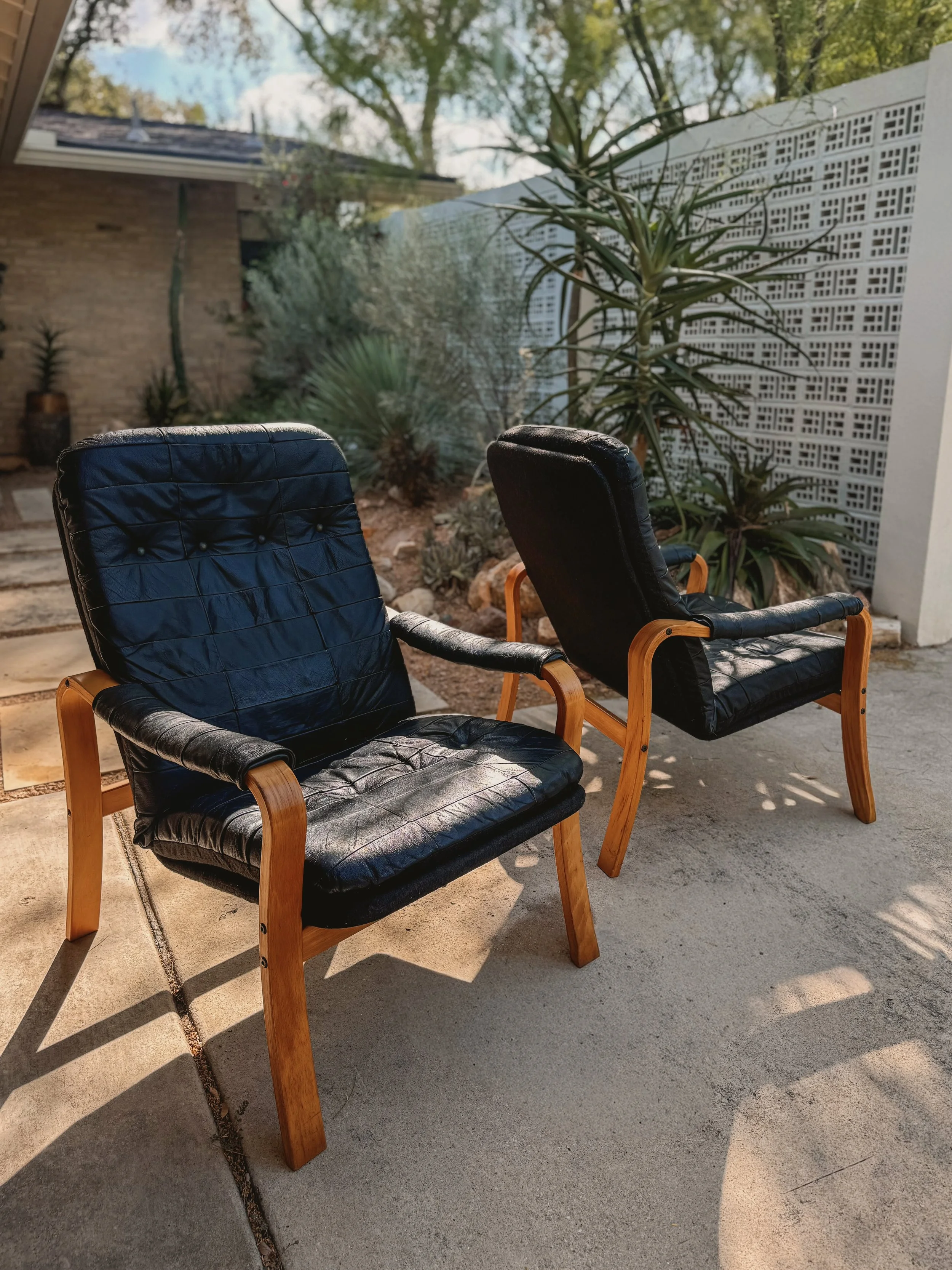 Pair of 1970s Vintage Scandinavian Black Patchwork Leather & Bentwood Lounge Chairs