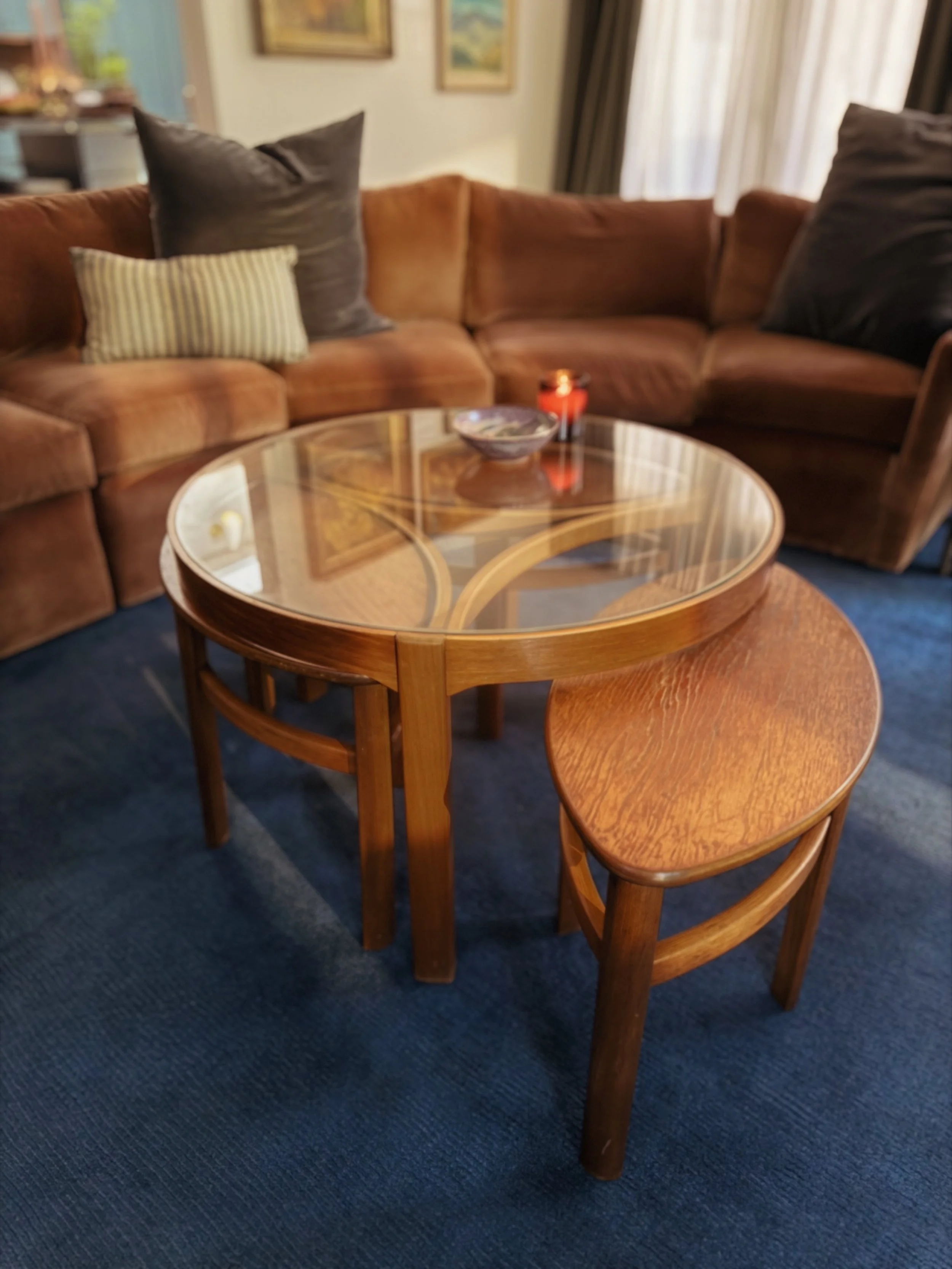 1960s Nathan Furniture “Trinity” Teak & Glass Nesting Coffee Table