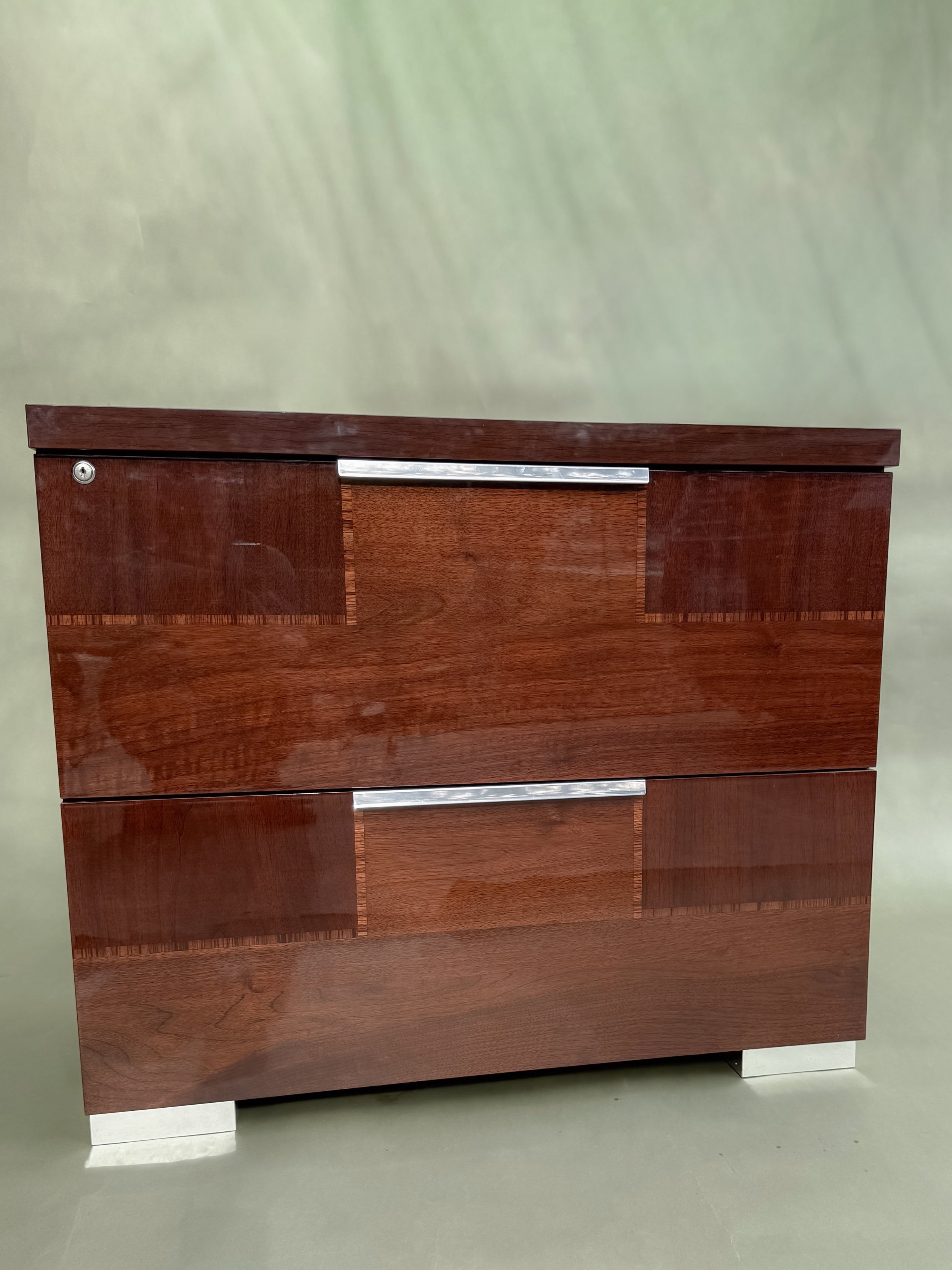Alf Italia Walnut & Zebrano Wood Nightstand / File Cabinet — High Gloss, Chrome Hardware, Italy