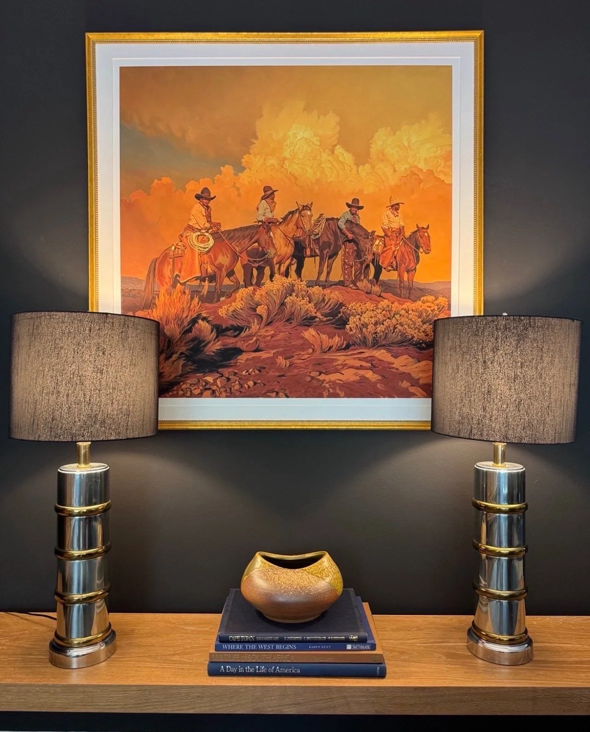 1970s Chrome + Brass Faux Bamboo Table Lamps — Pair