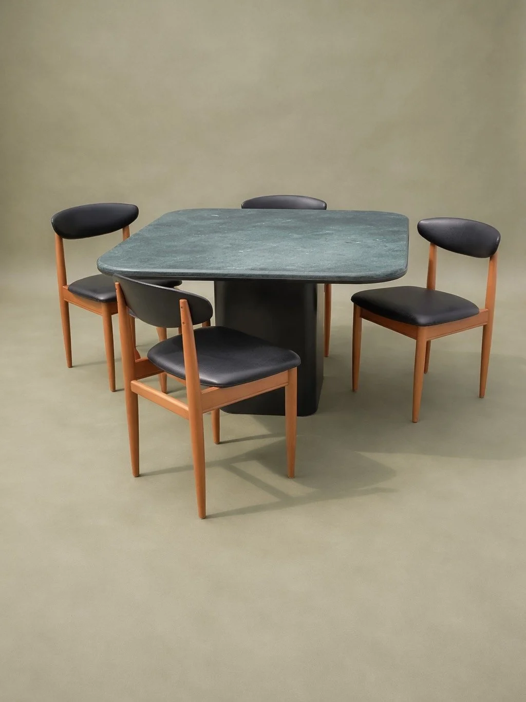 Post-Modern Green Marble Dining Table with Leather Pedestal Base