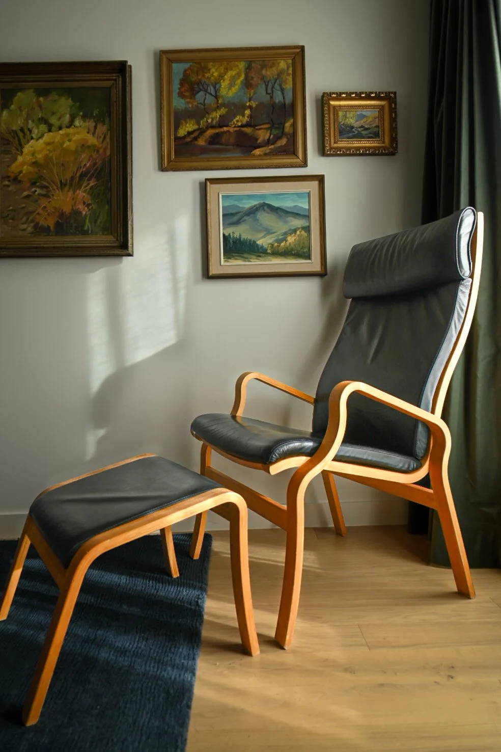 Finn Ostergaard for Kvist Möbler Bentwood and Leather Armchair + Ottoman circa 1960 Denmark