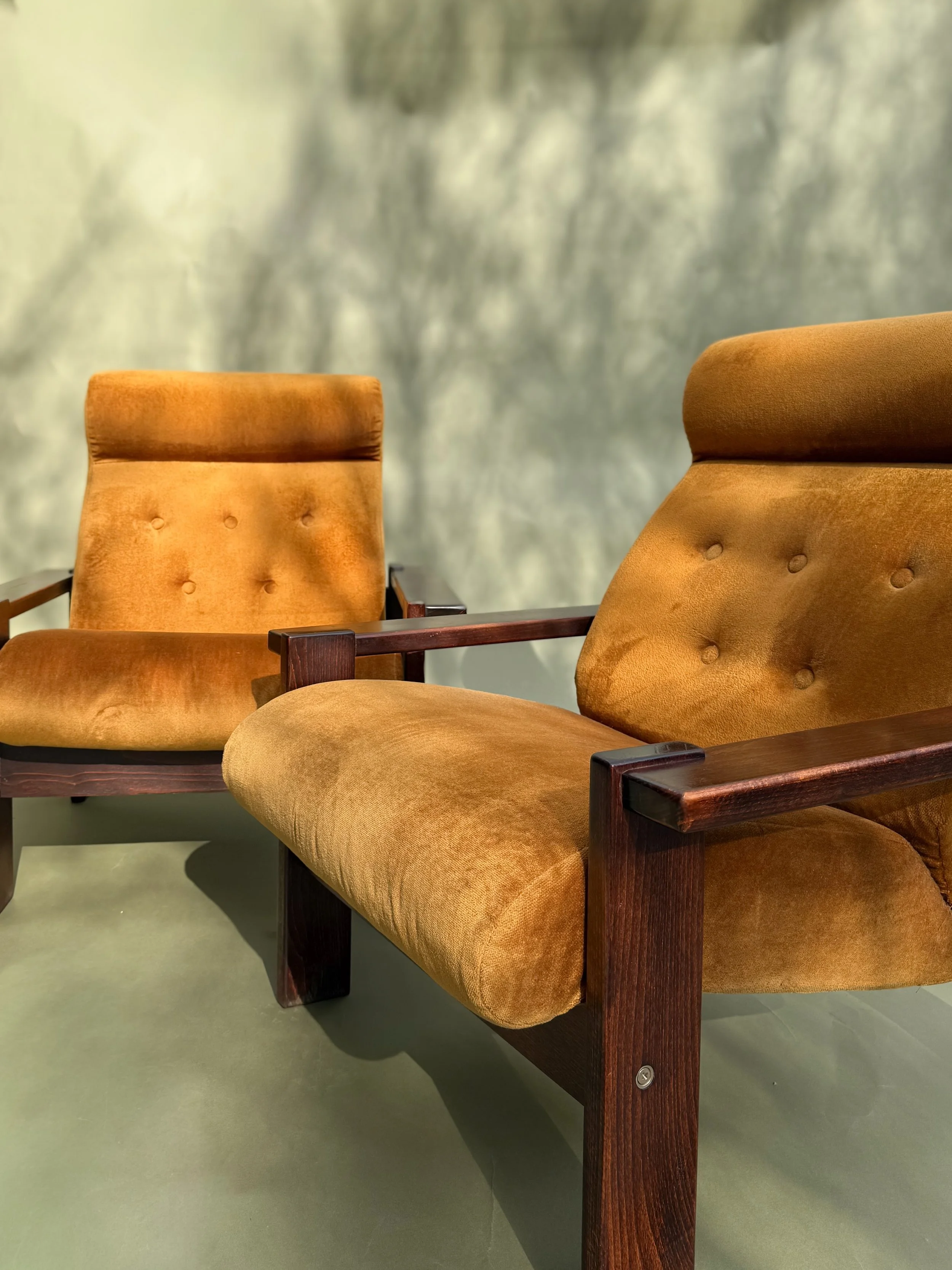 Pair of Danish Rosewood and Golden Ochre Velvet Armchairs