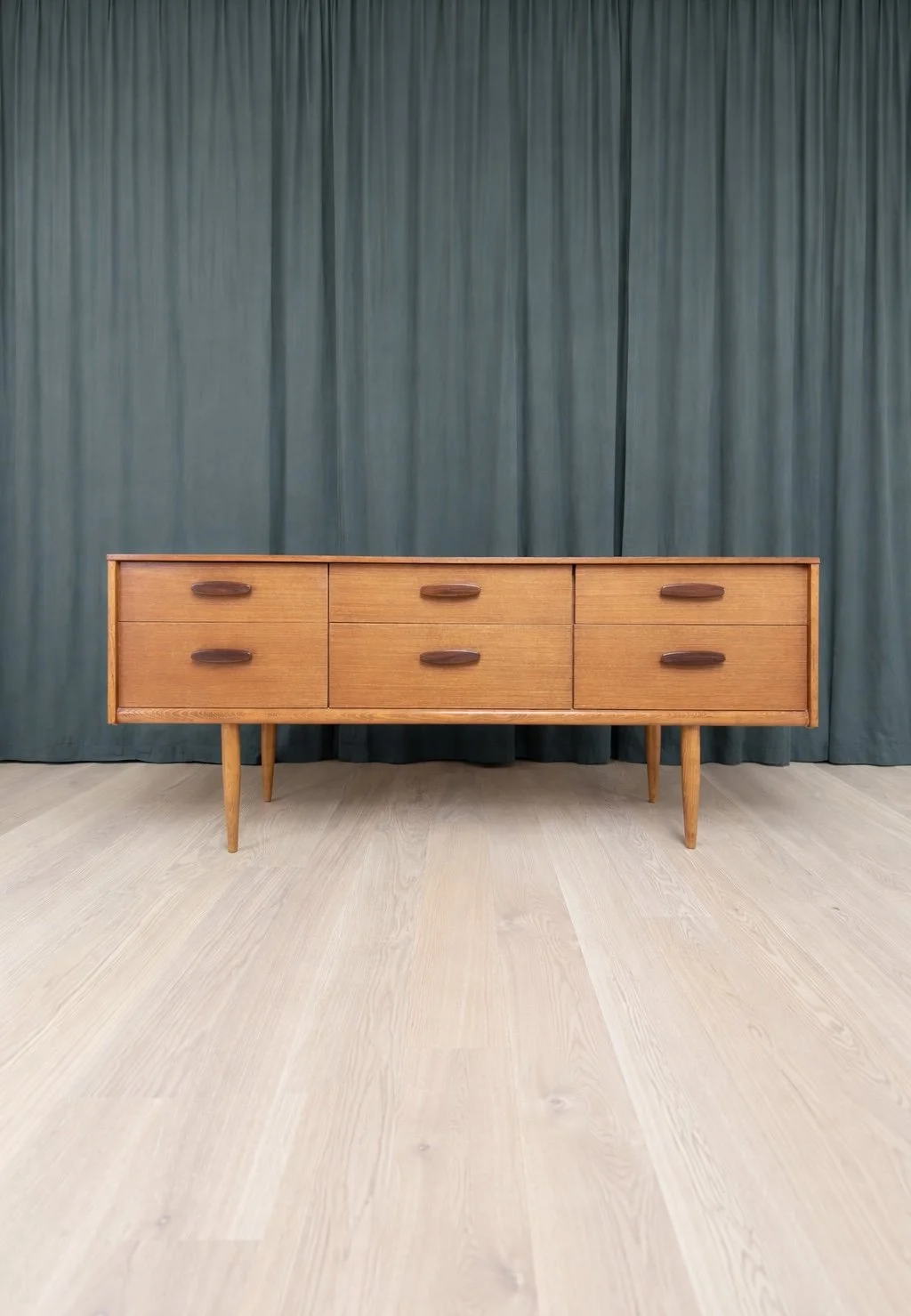 1960s British Teak Six-Drawer Dresser — Tapered Oak Legs & Sculpted Oval Pulls