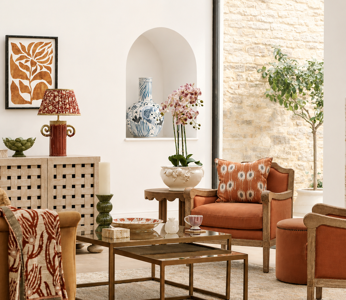 Living room with coral armchairs, a wooden table, colorful pillows, a large floral arrangement, a decorative tray on the table, fireplace with decorative objects, wall art, a large window with a view of a brick wall and potted plant.