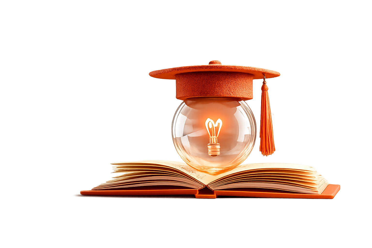A light bulb with a heart-shaped filament inside a glass globe; the globe is placed on an open book with a graduation cap on top of the bulb, creating a symbolic image of ideas and education.