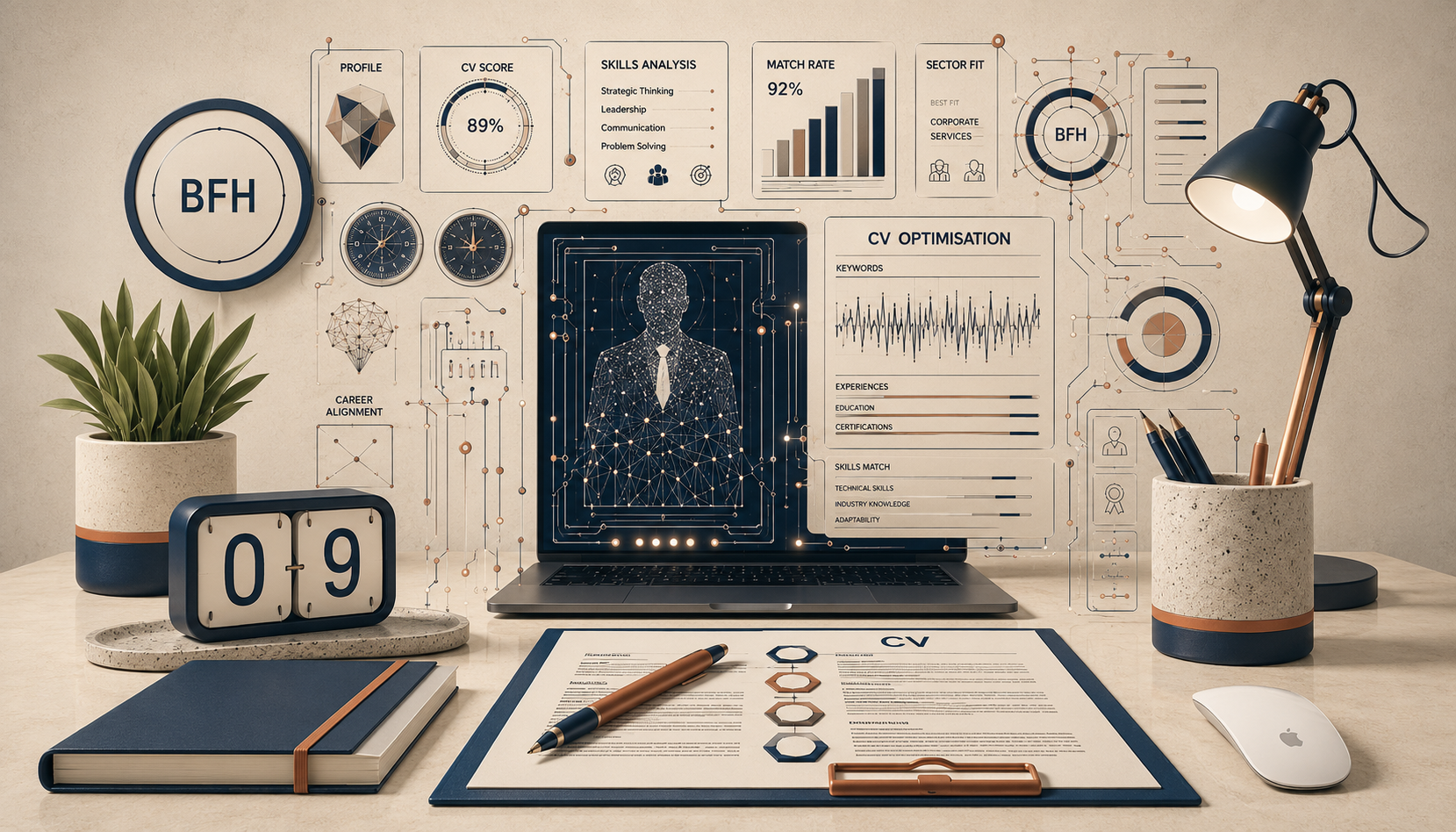 A modern workspace with a desk containing a notebook, a CV and a pen, a computer monitor displaying a digital human profile, a calendar, a mouse, and several containers holding pens and pencils. The background has various digital and graphical data panels, including skill analysis, CV optimization, and match rate charts. There are also a plant, a desk clock showing 9:00, and a desk lamp illuminating the workspace.