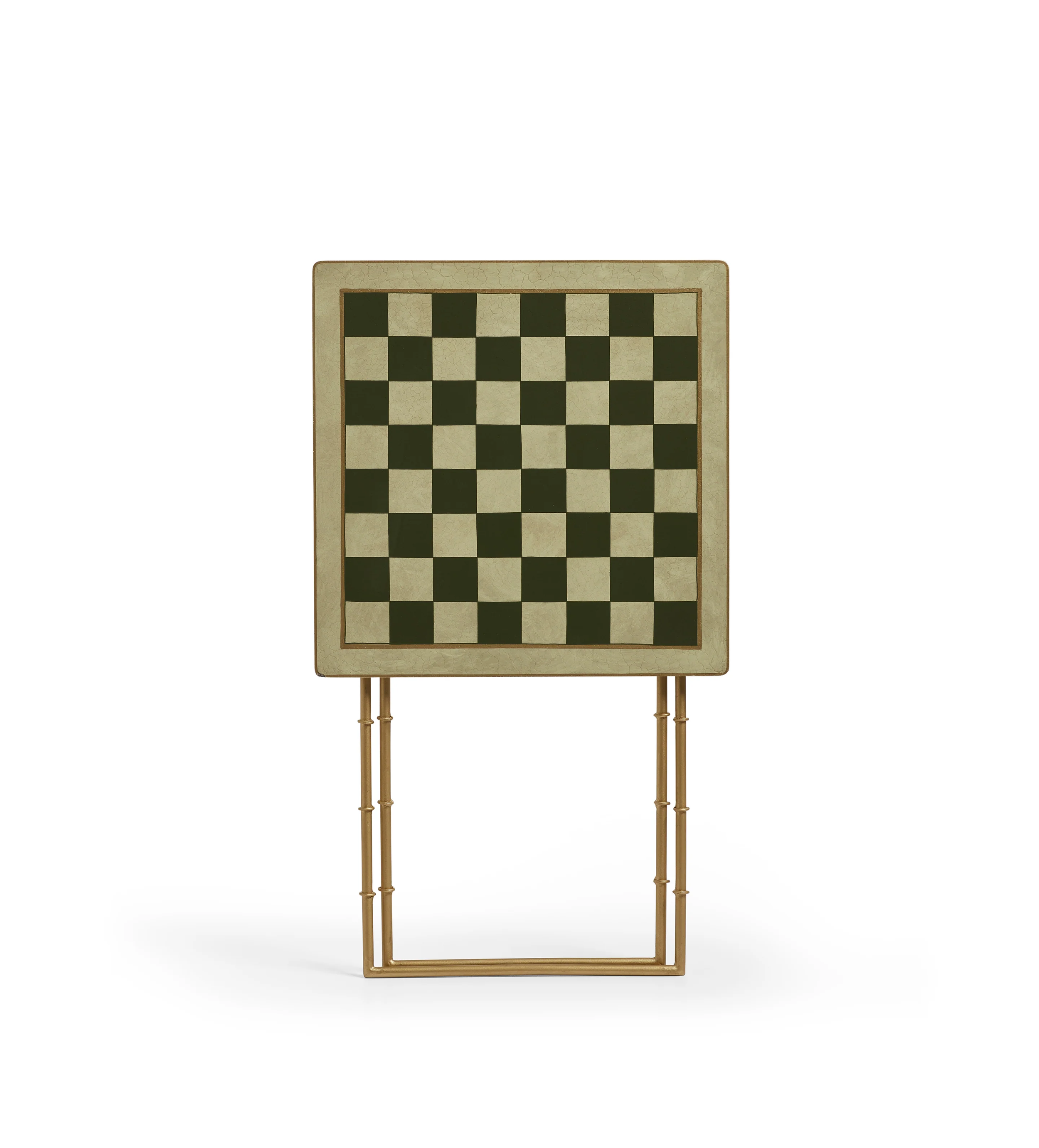 A vintage chessboard with a checkered pattern, positioned on a metal stand against a white background.
