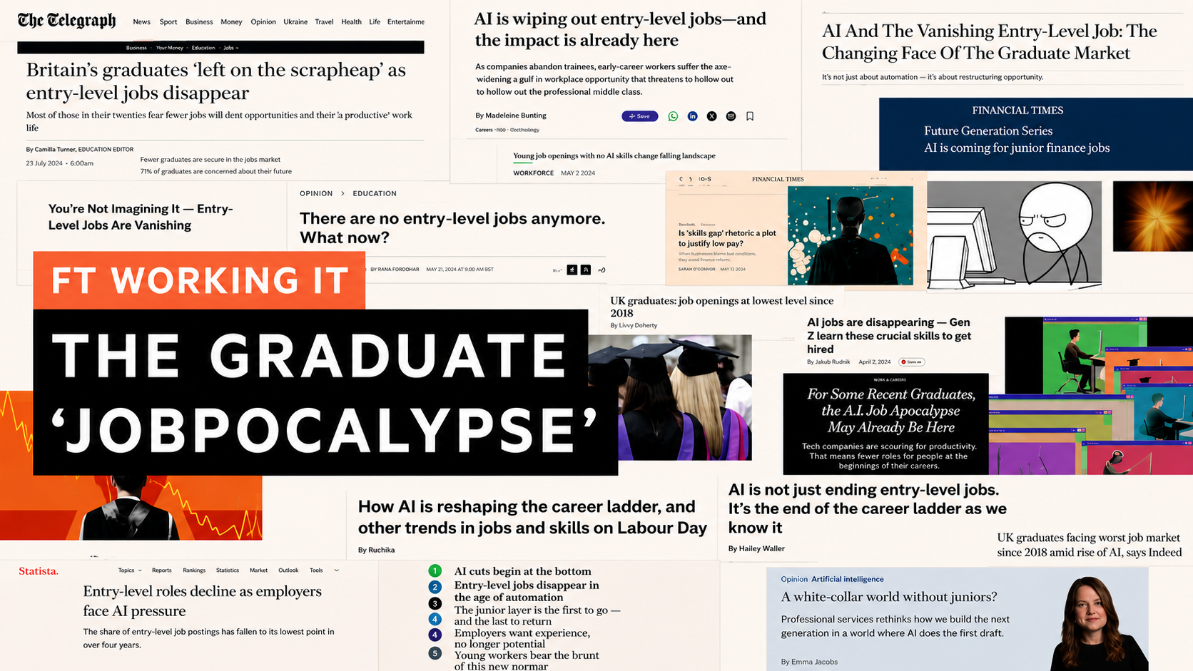 Collage of news headlines and articles about the disappearance of entry-level jobs and the impact of AI on the job market, with a prominent overlay reading 'FT WORKING IT THE GRADUATE 'JOBPOCALYPSE''.