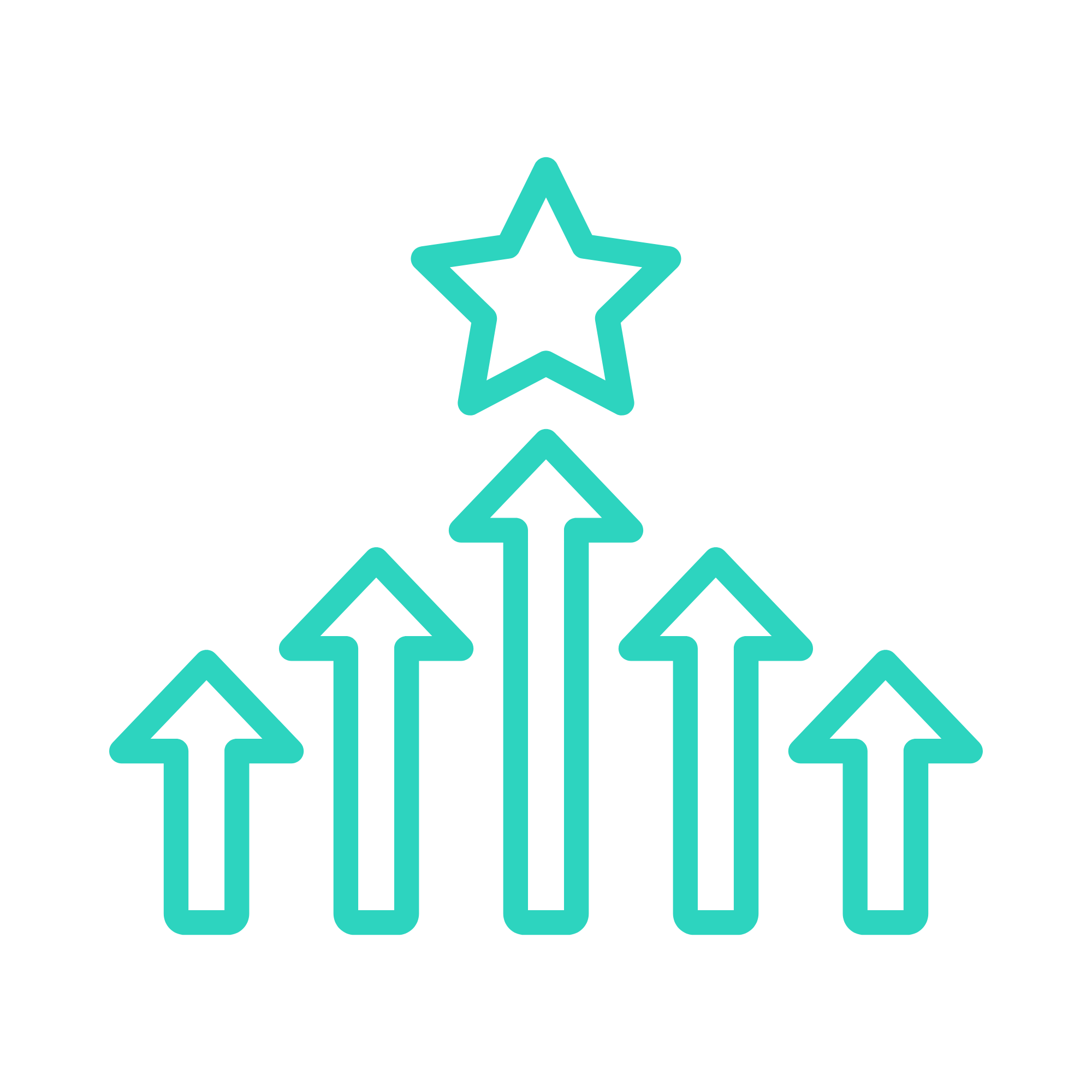 Neon outline of five upward arrows leading to a star at the top, on a black background.