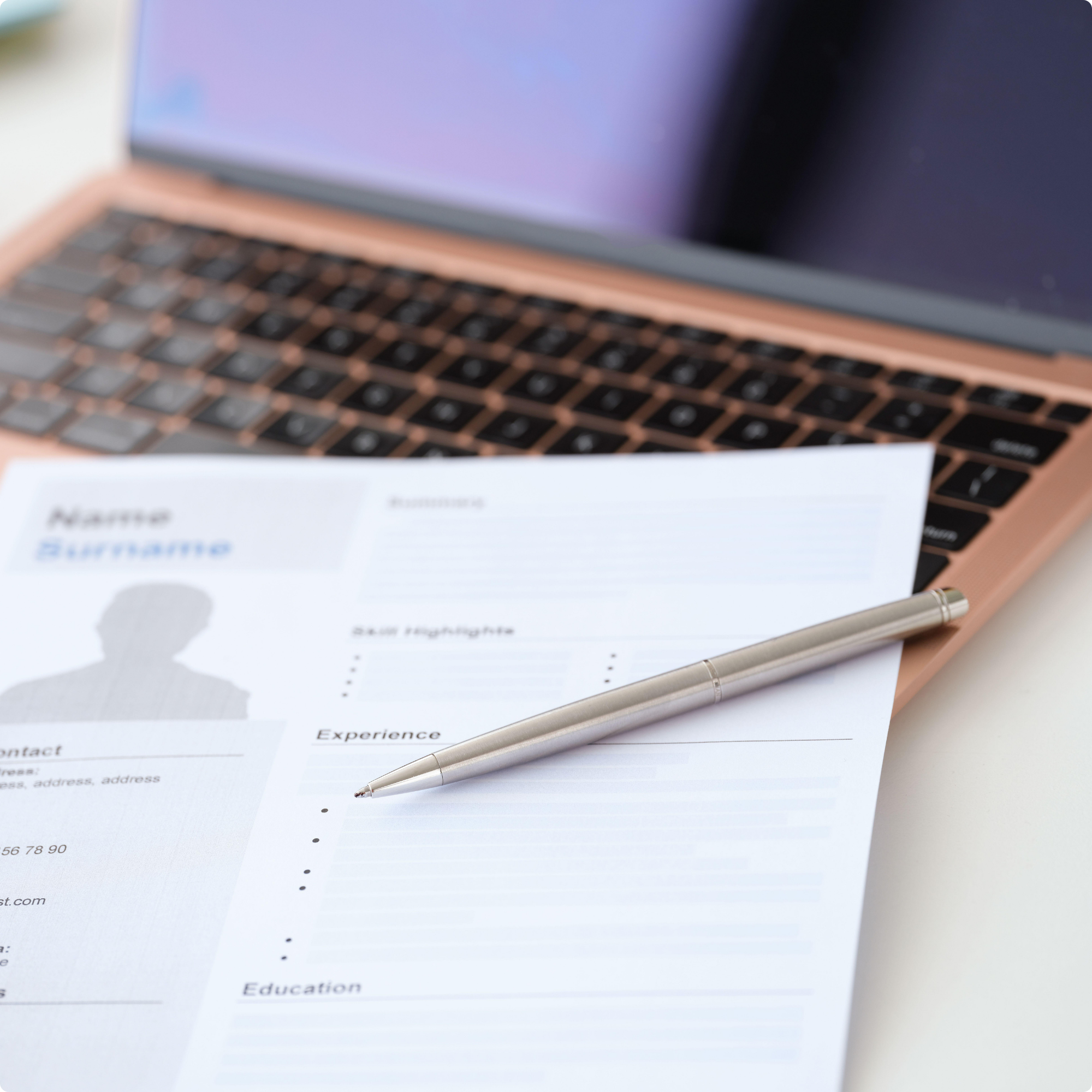 A computer keyboard, a printed resume or CV with a photo placeholder, and a silver pen on a white surface.