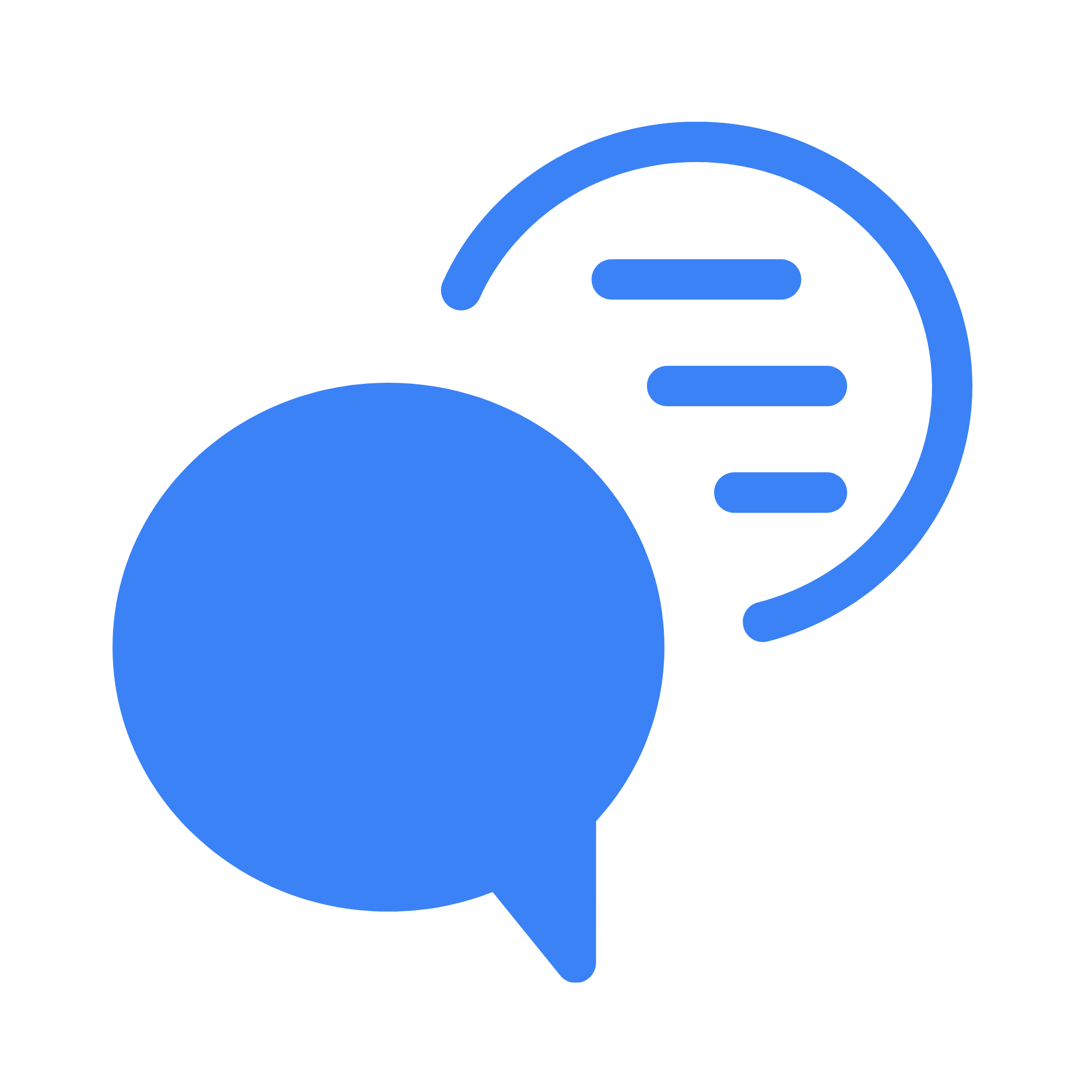 Blue speech bubbles, one solid and one outlined, representing communication or conversation.