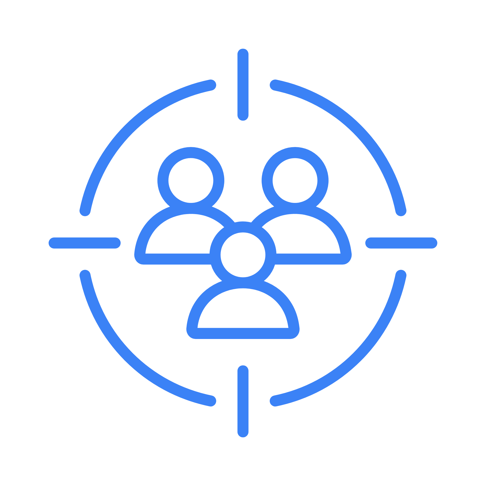 Blue outline icon of three people inside a target or crosshair symbol.