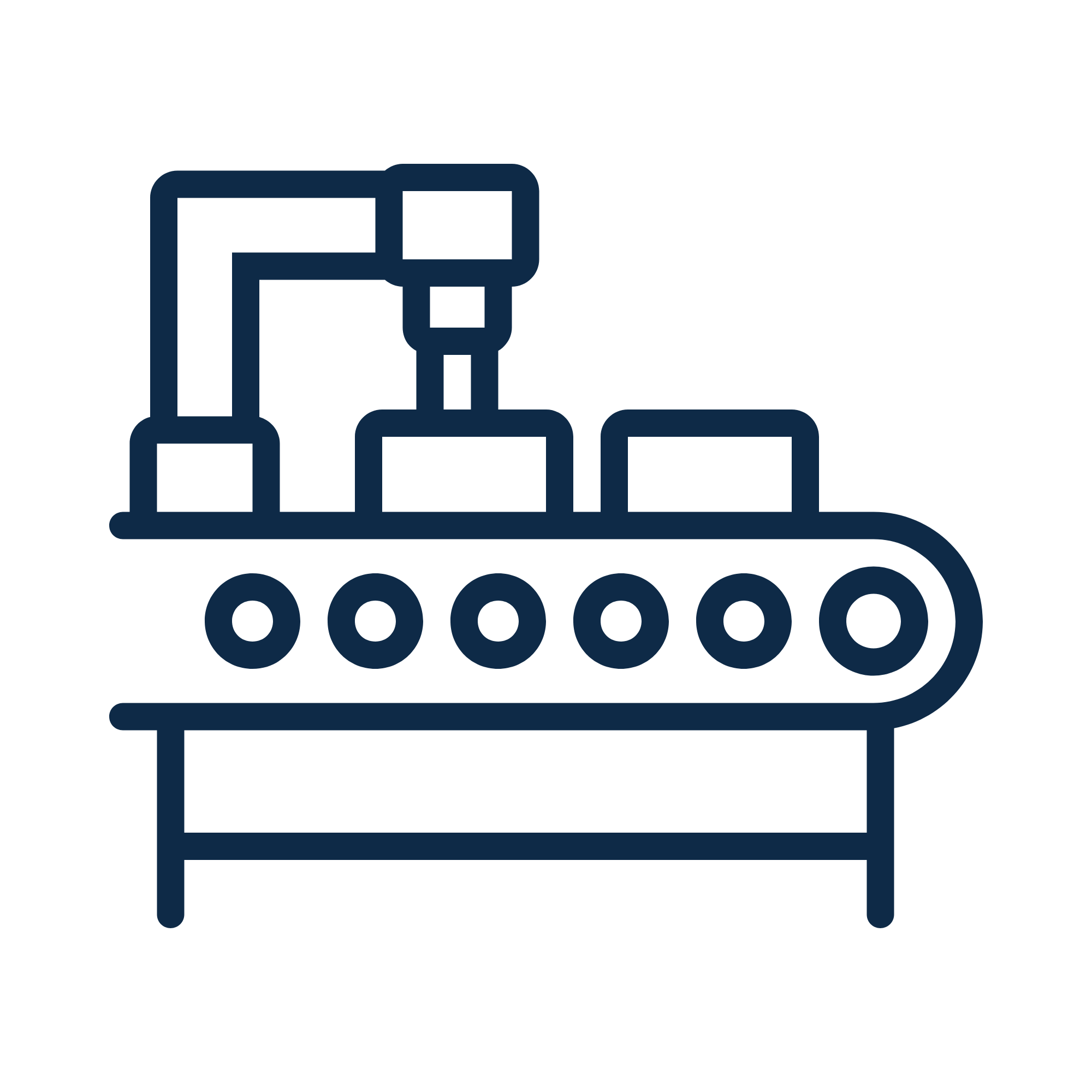 Outline icon of a conveyor belt with boxes being filled by a robotic arm.