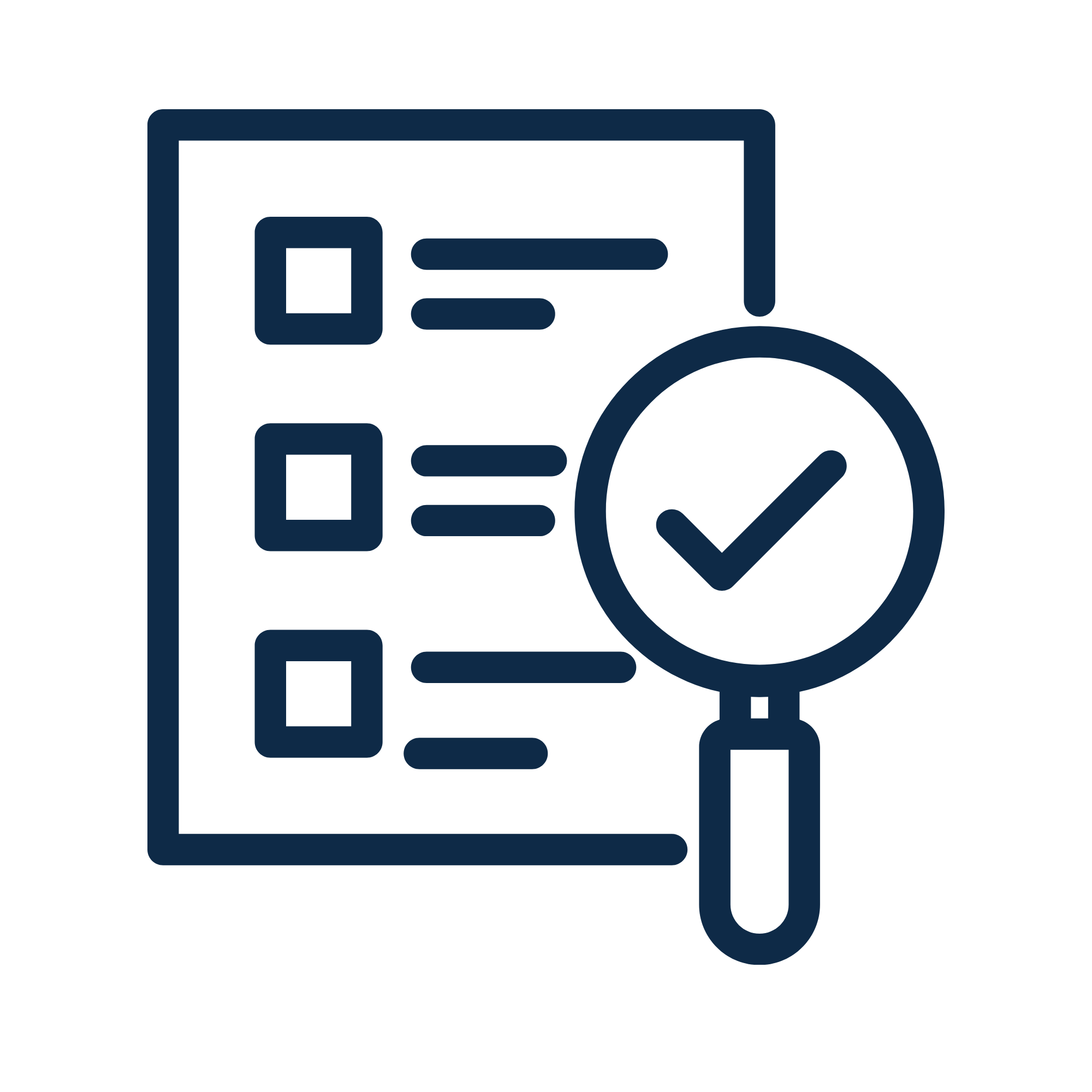 Icon of a checklist with checkboxes and a magnifying glass with a checkmark.