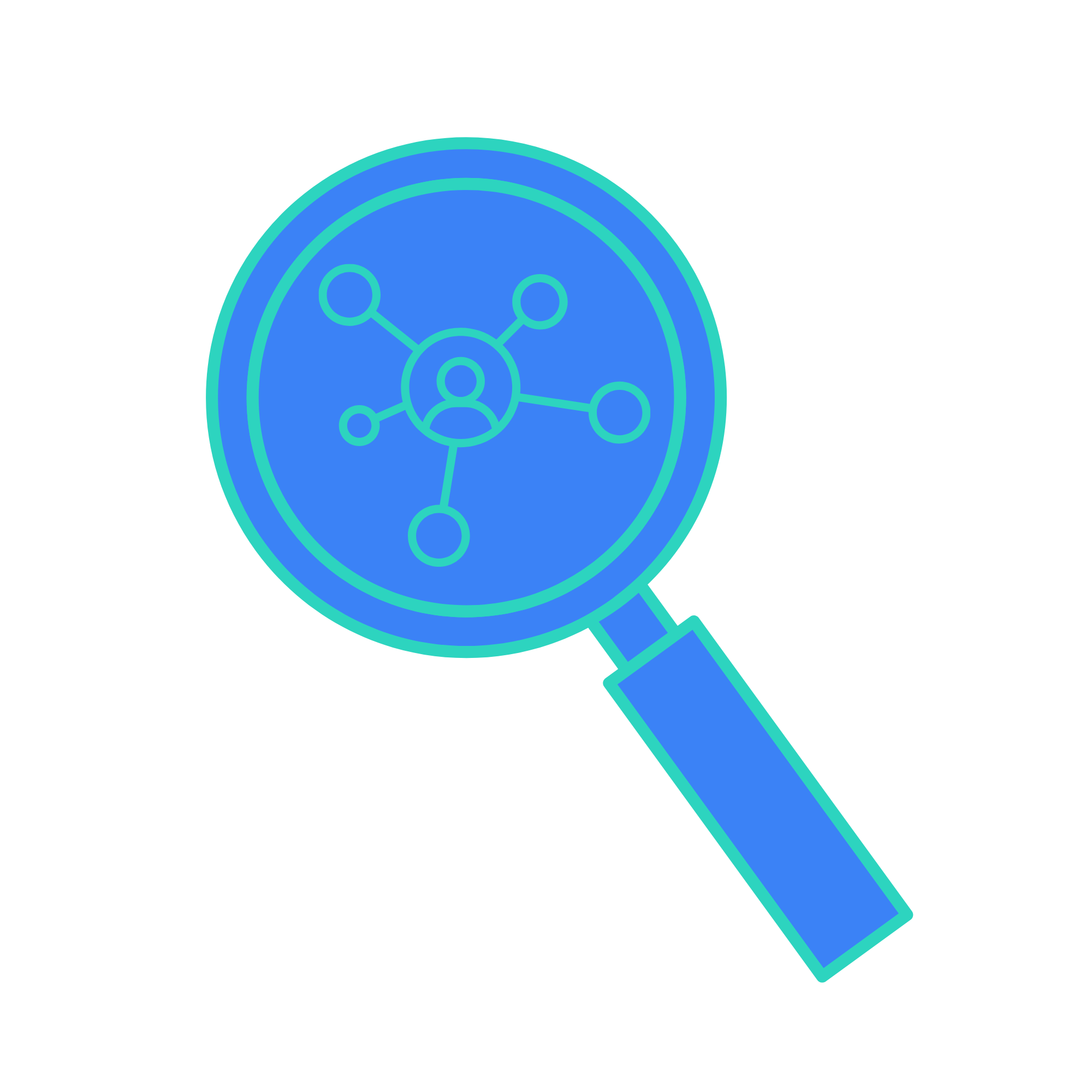 Digital illustration of a magnifying glass examining a network diagram with interconnected nodes and a person icon at the center, symbolizing social network analysis or data investigation.