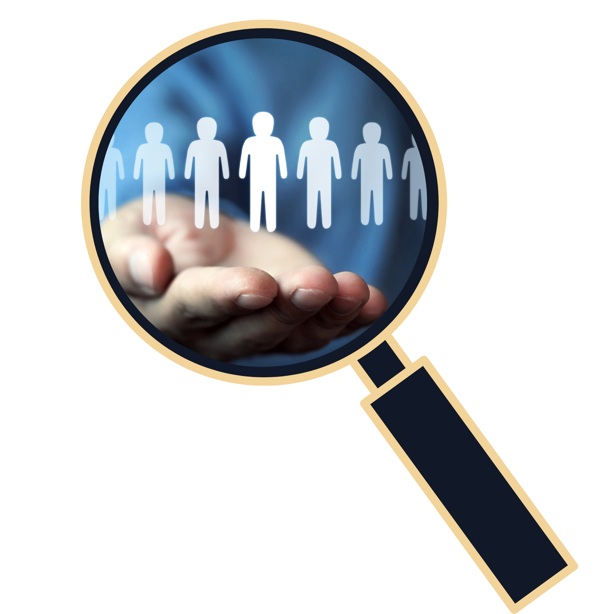 Hand holding a magnifying glass with human icons and a person in the background.