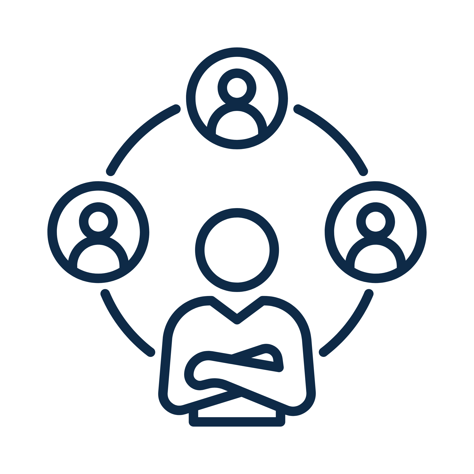 Outline icon of a person with crossed arms in front of a network of three other people, connected by curved lines, representing teamwork or collaboration.
