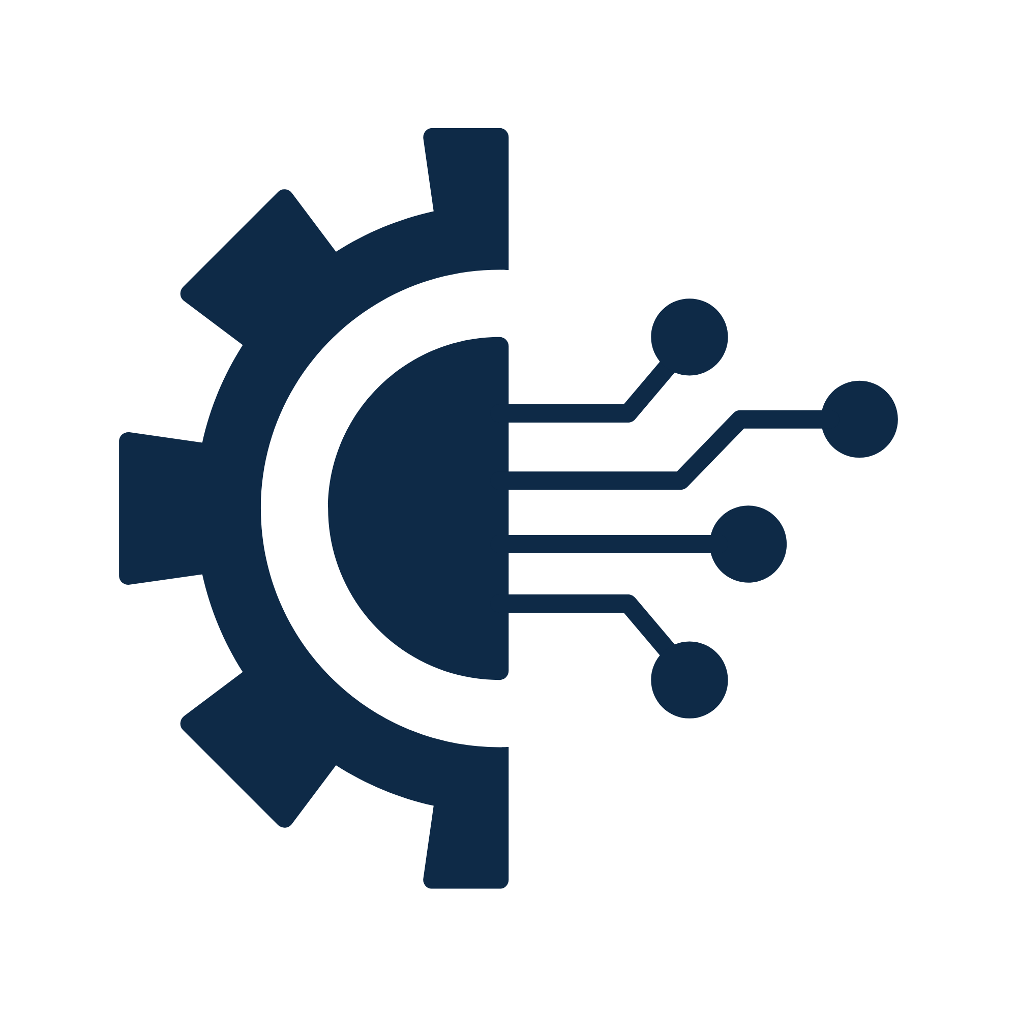 A graphic icon of a gear with circuitry branching out from its right side.