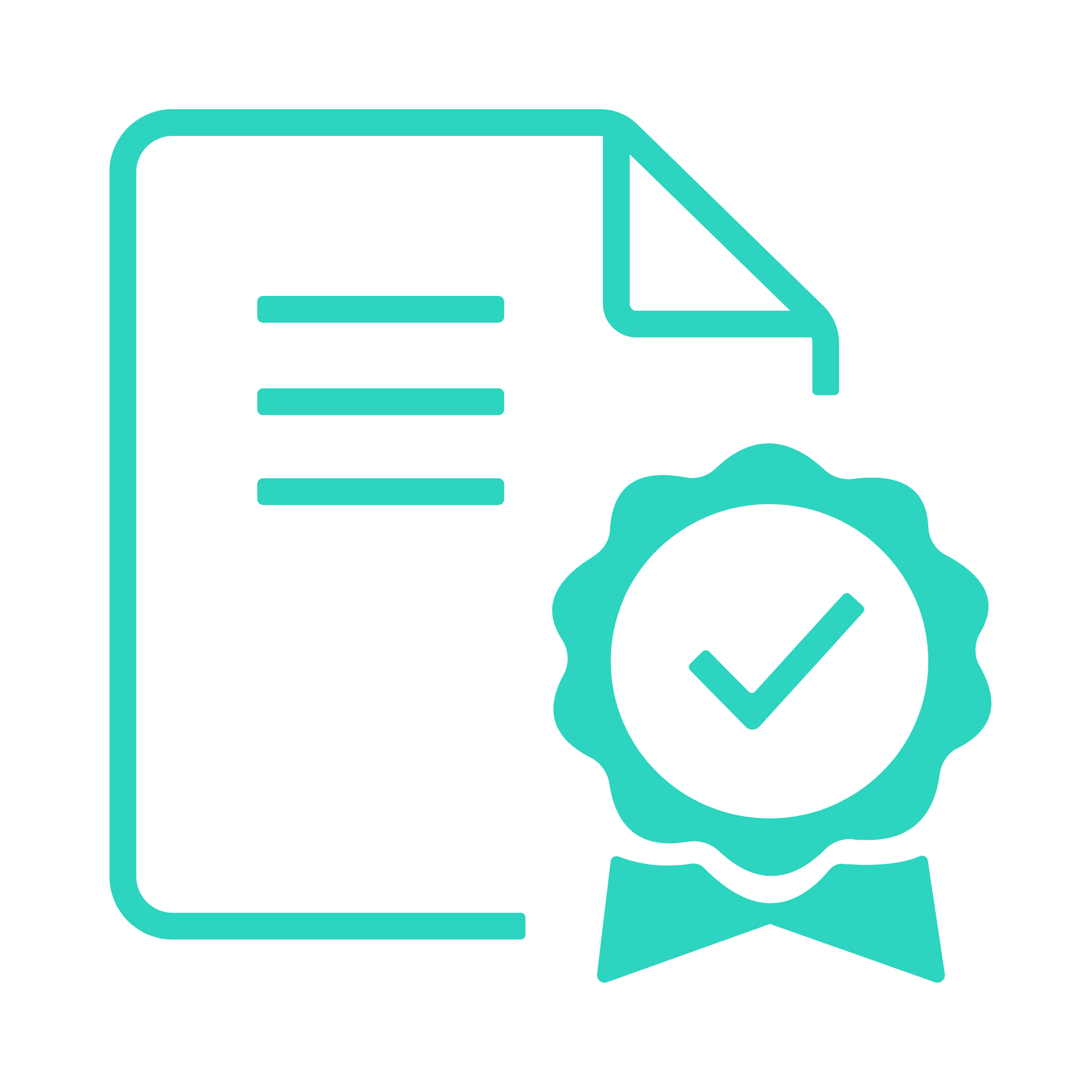 Outline icon of a document with a certificate badge, indicating certification or approval.