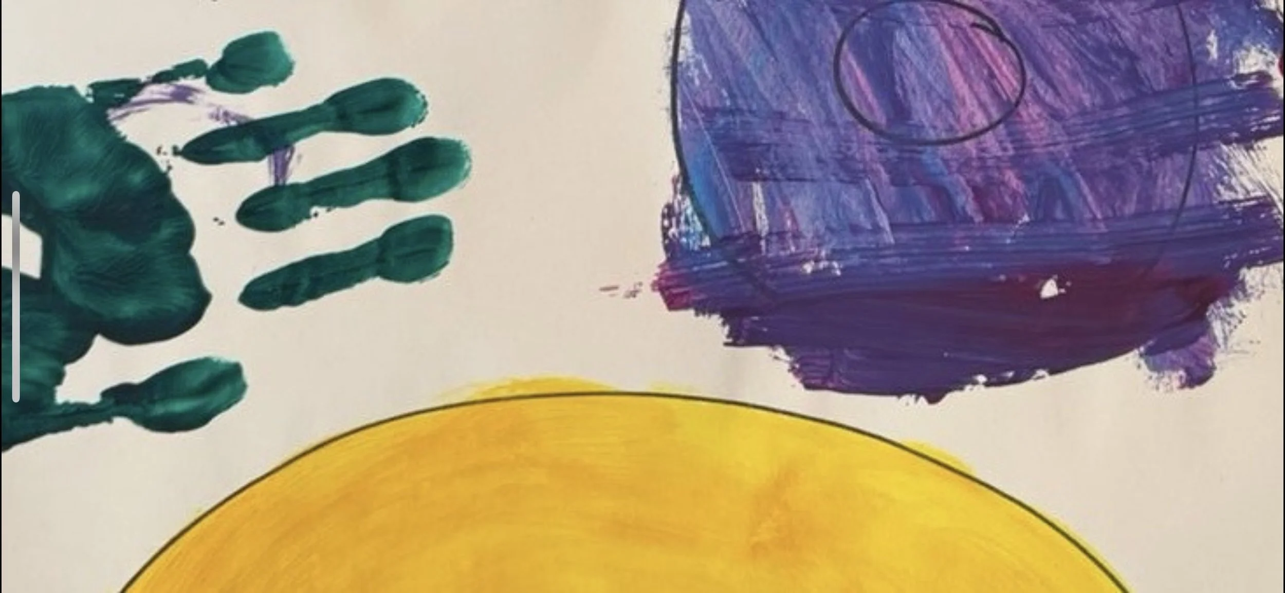 Child's colorful painting features a large yellow semi-circle, green handprints on the left, and purple and pink scribbles on the right.
