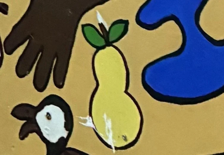 Colorful drawing of a penguin, a yellow pear with green leaves, and a blue object on a beige background.