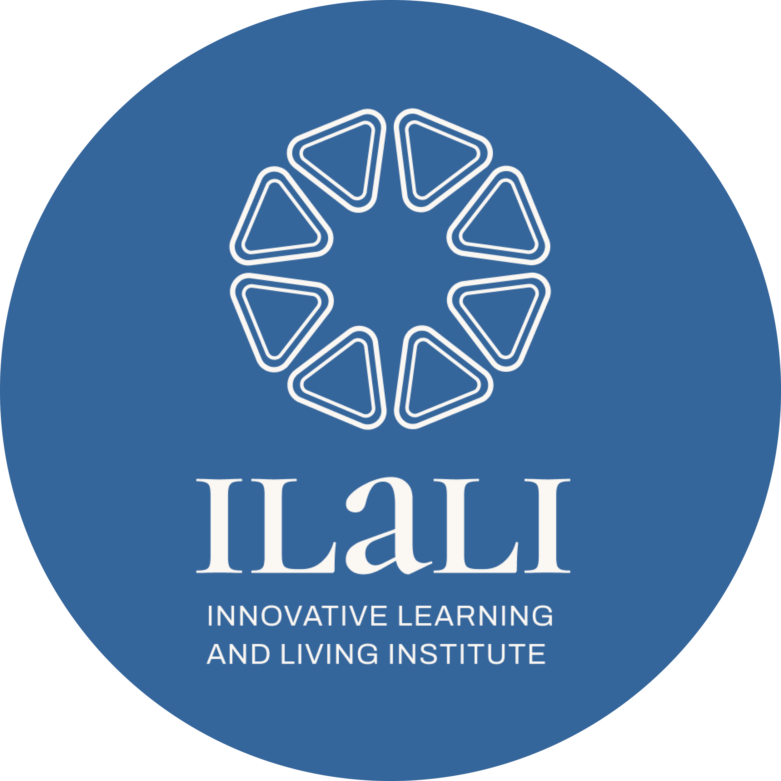 Logo artwork for ILALI, the Innovative Learning and Living Institute, featuring a geometric pattern of a circle of inward facing triangles with rounded corners, that creates a starburst, or floral pattern. The logo is light great over deep blue color