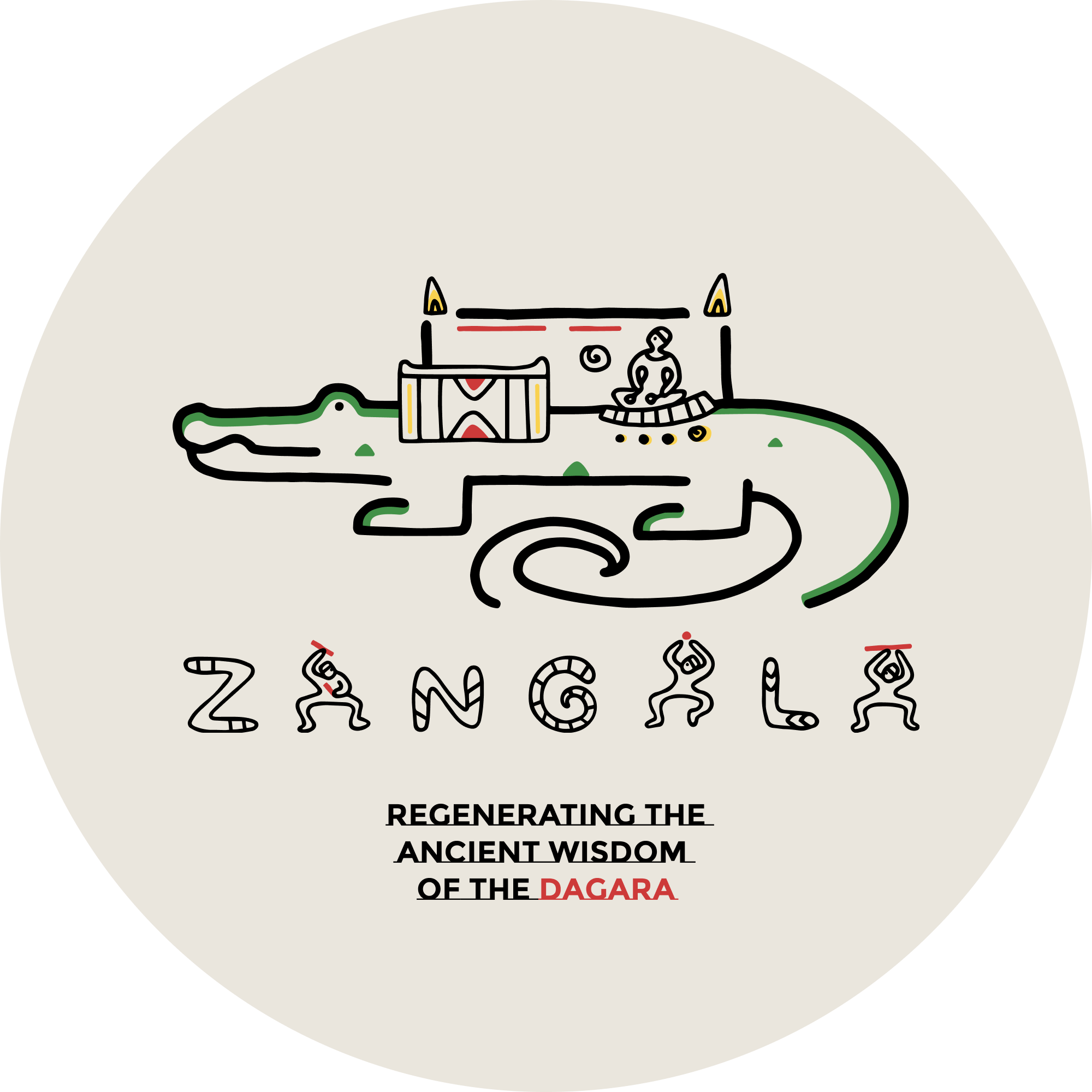Logo artwork for Zangala, showing a black line drawing of a whimsical crocodile, with an African style red, green, and yellow color scheme, and on the back of the crocodile there is a balafon/xylophone player, and traditional mud-brick house.