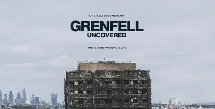 Cover image for the Netflix documentary 'Grenfell Uncovered' showing the burned-out remains of the Grenfell Tower with the London skyline in the background, and the title text.