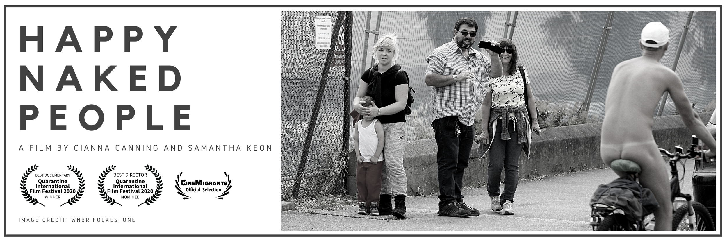 A promotional poster for the documentary film 'Happy Naked People' showing a black and white photo of a group of people outdoors shocked at a person riding past naked on a bicycle, with the title, credits, and awards listed on the left.