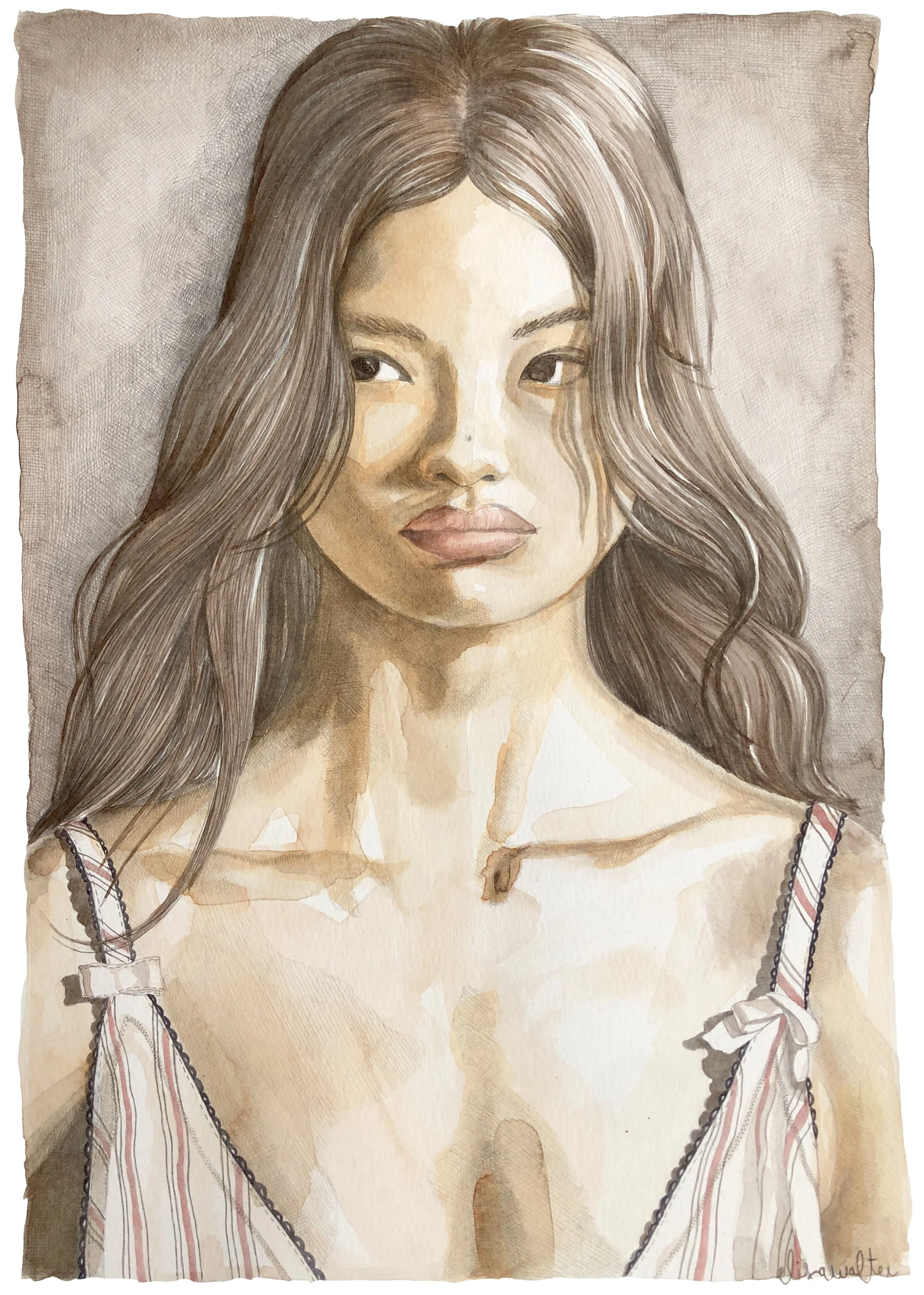 Portrait of a young woman with long, wavy brown hair, wearing a red and white pinafore dress, seen from the front.