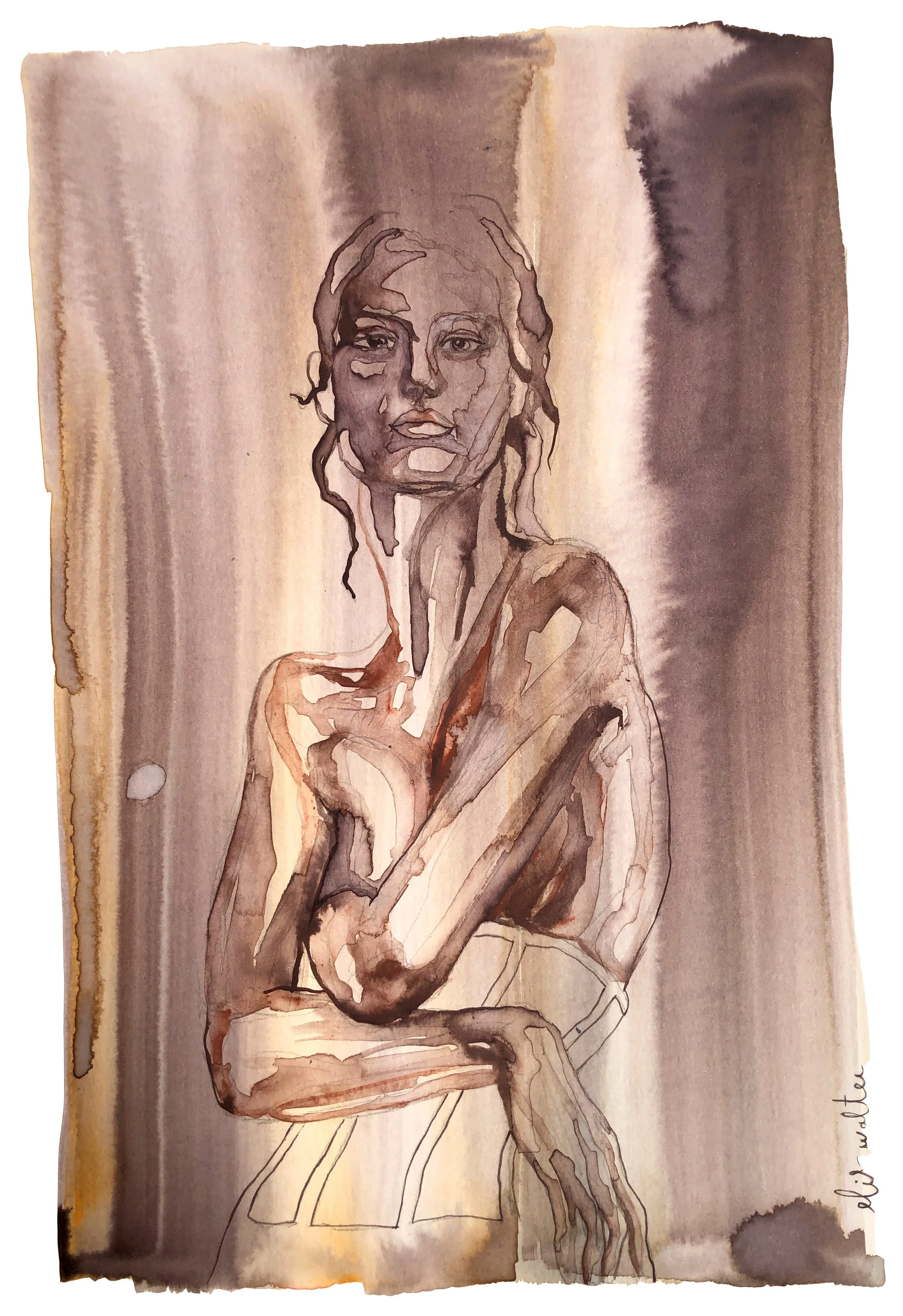 Un portrait d'une femme esquissée avec des lignes et des couleurs douces, utilisant principalement des tons marron, beige et gris.