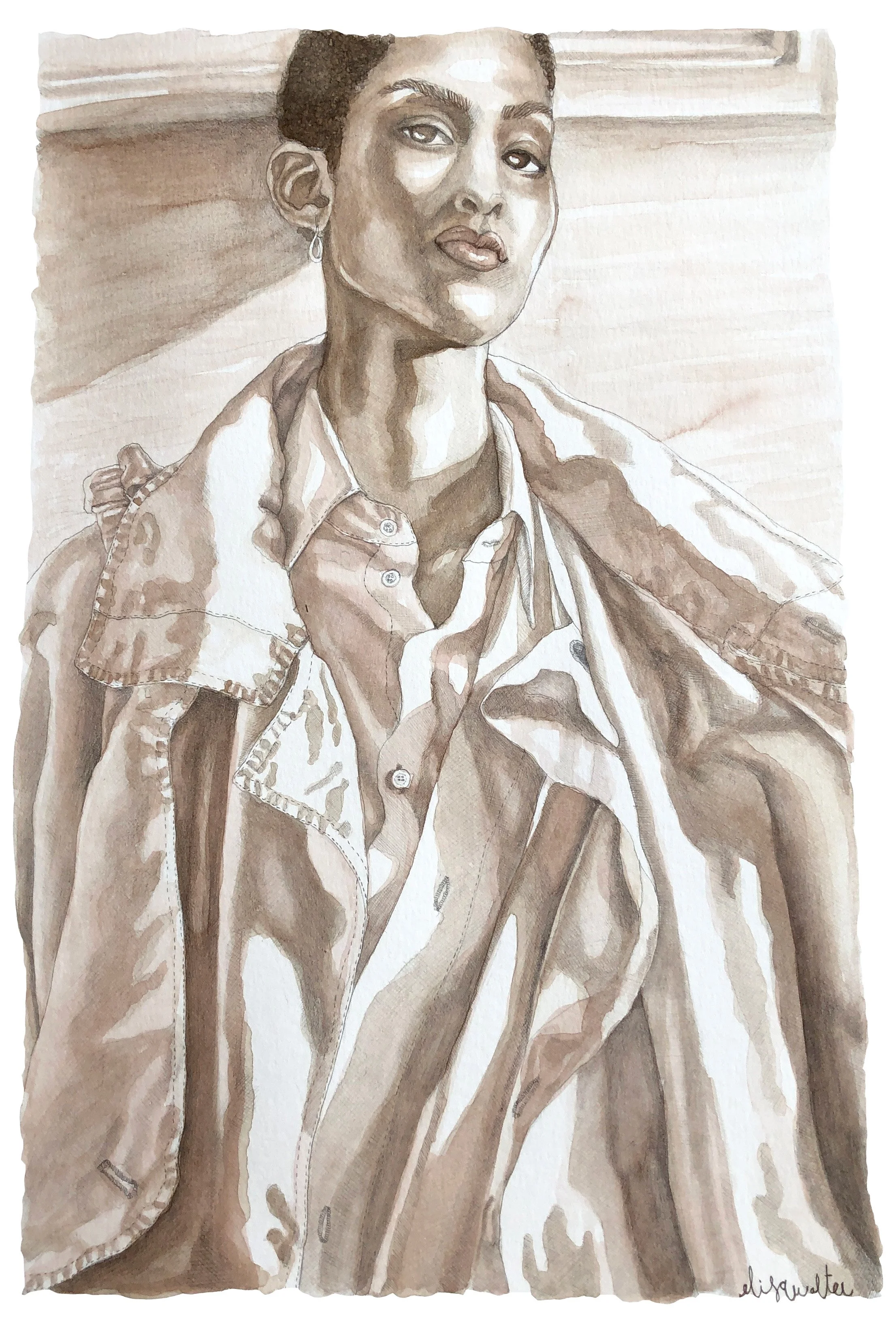 Une peinture en tons sepia représentant une femme avec un regard confiant, portant une veste, un col de chemise et une boucle d'oreille.