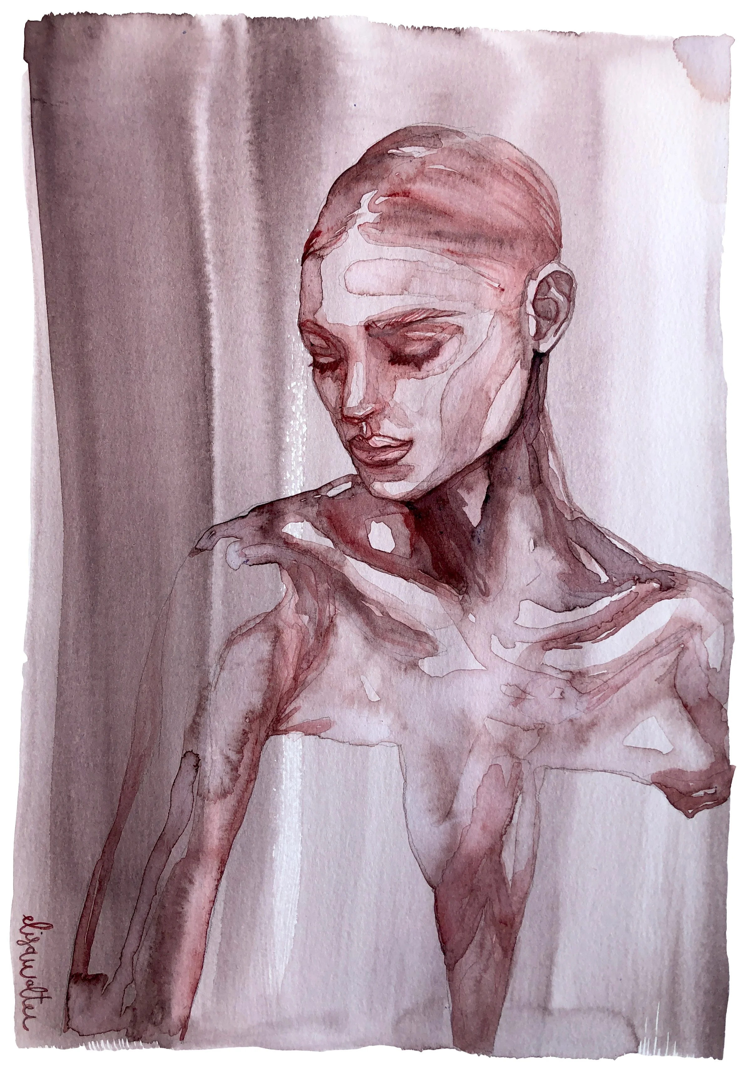 Un portrait d'une femme avec une expression calme et les yeux fermés, réalisé en aquarelle dans des tons de rose et de gris, sur un fond neutre.