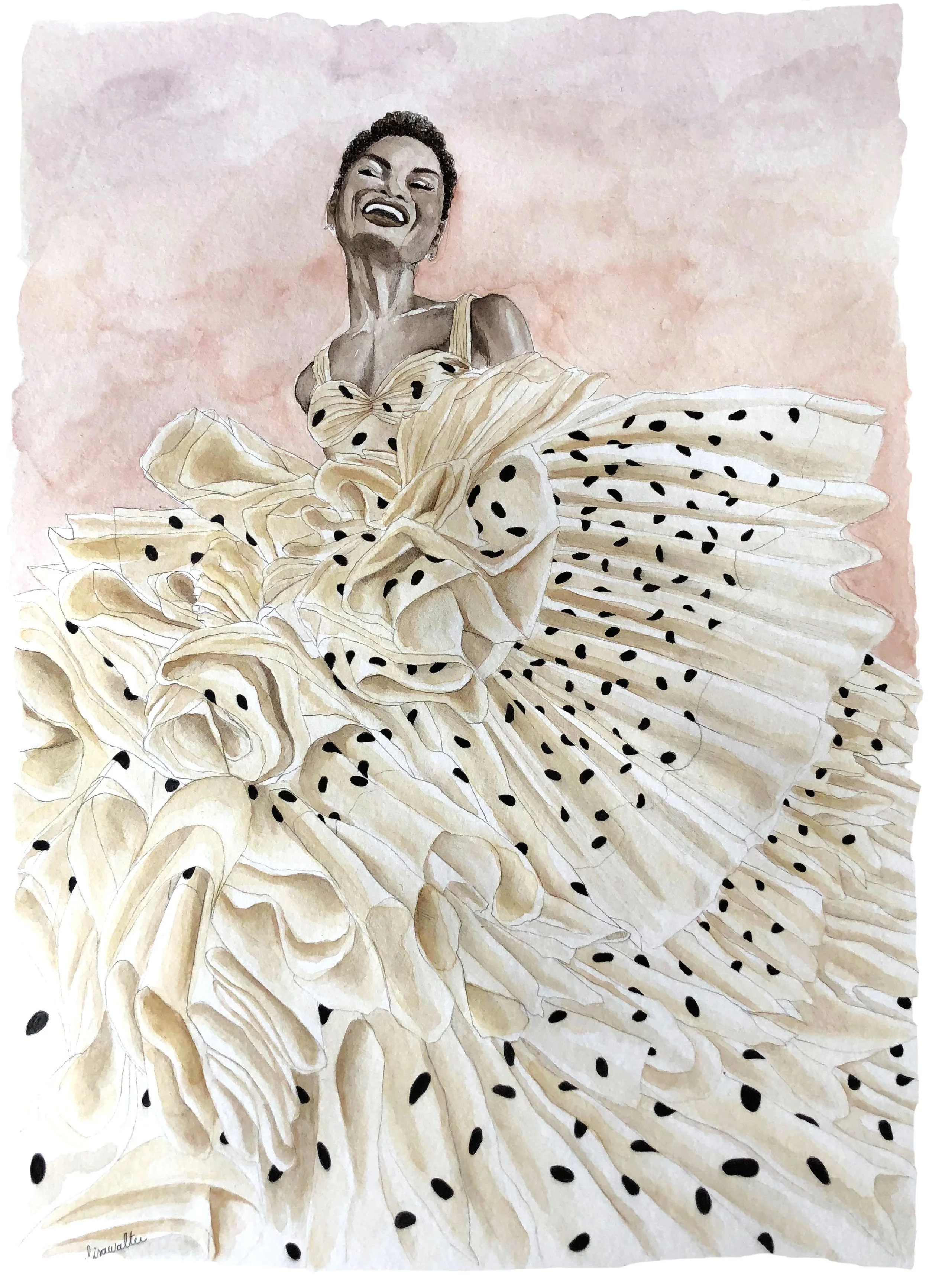 Une femme souriante portant une robe de flamenco à pois noirs et blancs, avec une grande jupe fendue et volumineuse, peint à l'aquarelle avec un fond beige rosé.