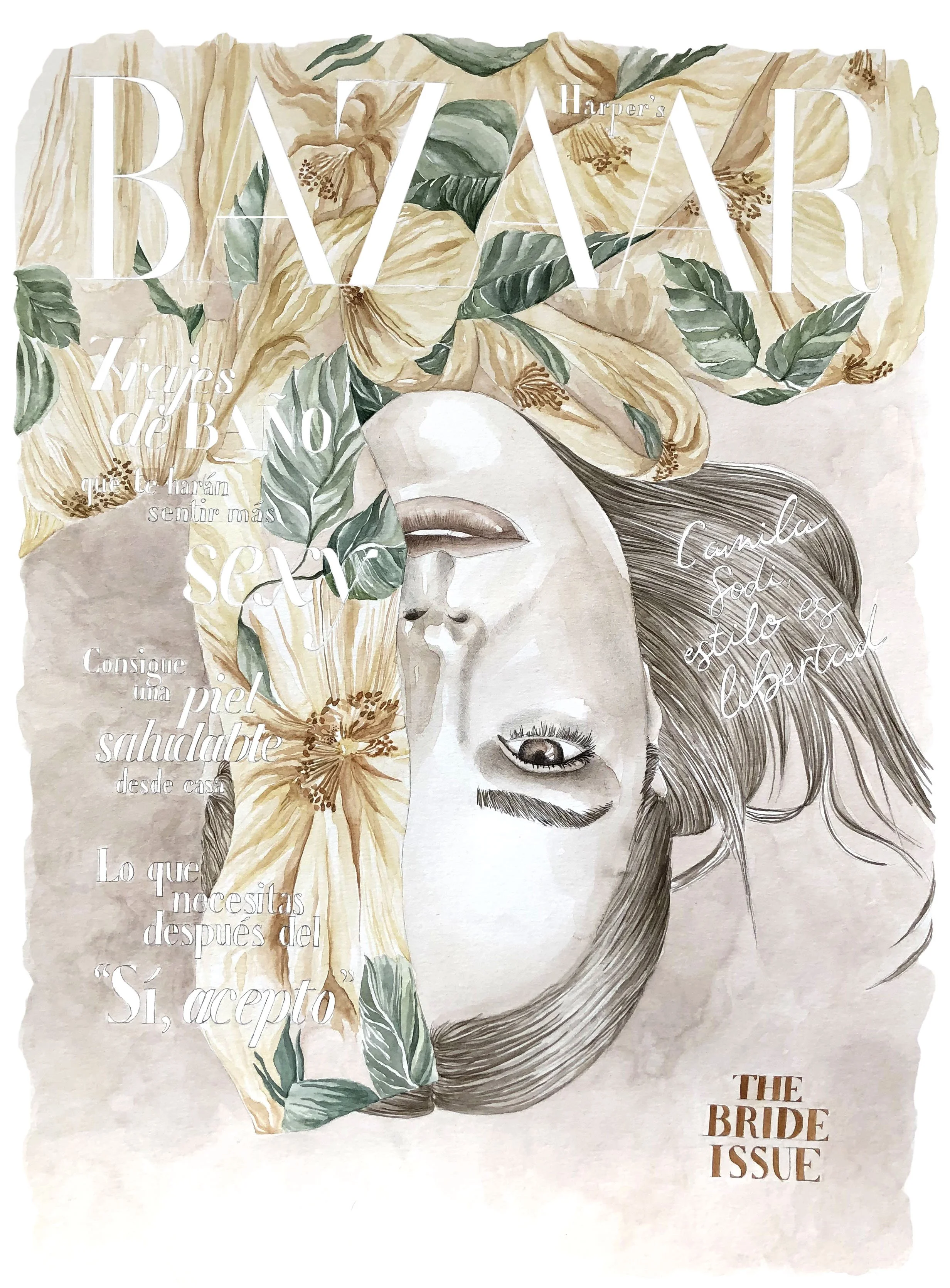 Couverture de magazine avec une illustration d'une femme, partiellement couverte de fleurs et de feuilles, avec du texte en français sur le mariage et la beauté