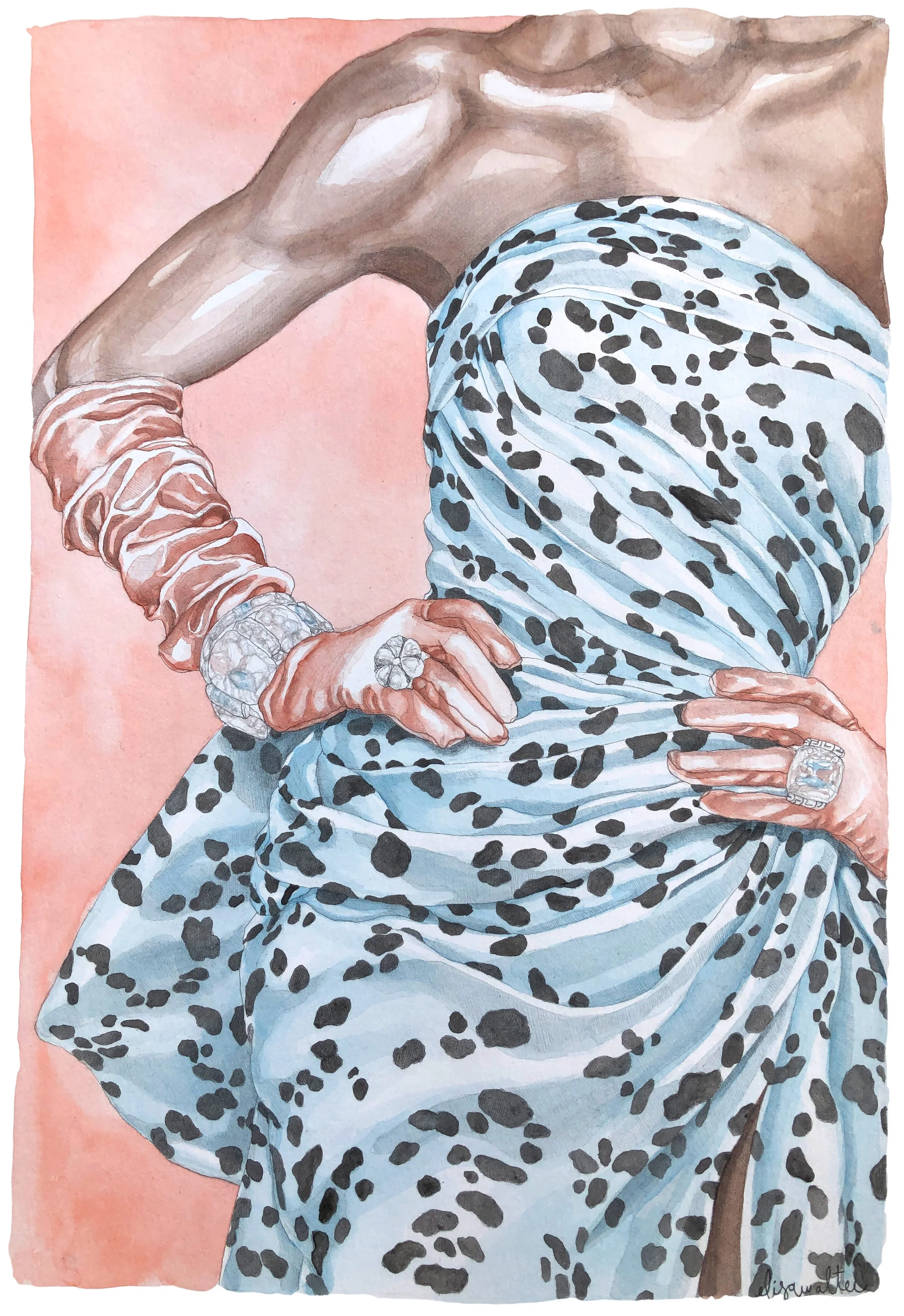 Painting depicting a woman in a flowing leopard-print dress, wearing jewellery and with one hand on her hip, in a realistic artistic style.