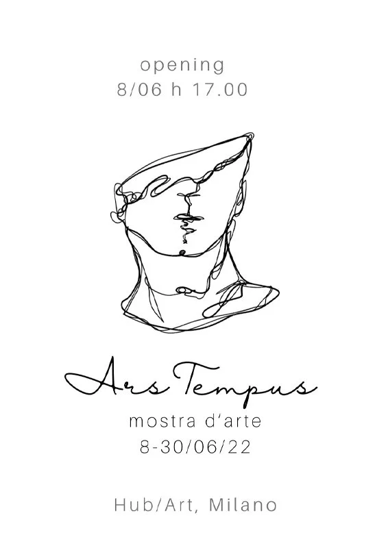 Affiche artistique avec une ligne continue représentant un visage humain, détails de l'ouverture le 8 juin à 17h, exposition d'art "Dans le temps" du 8 au 30 juin 2022 à Milano.