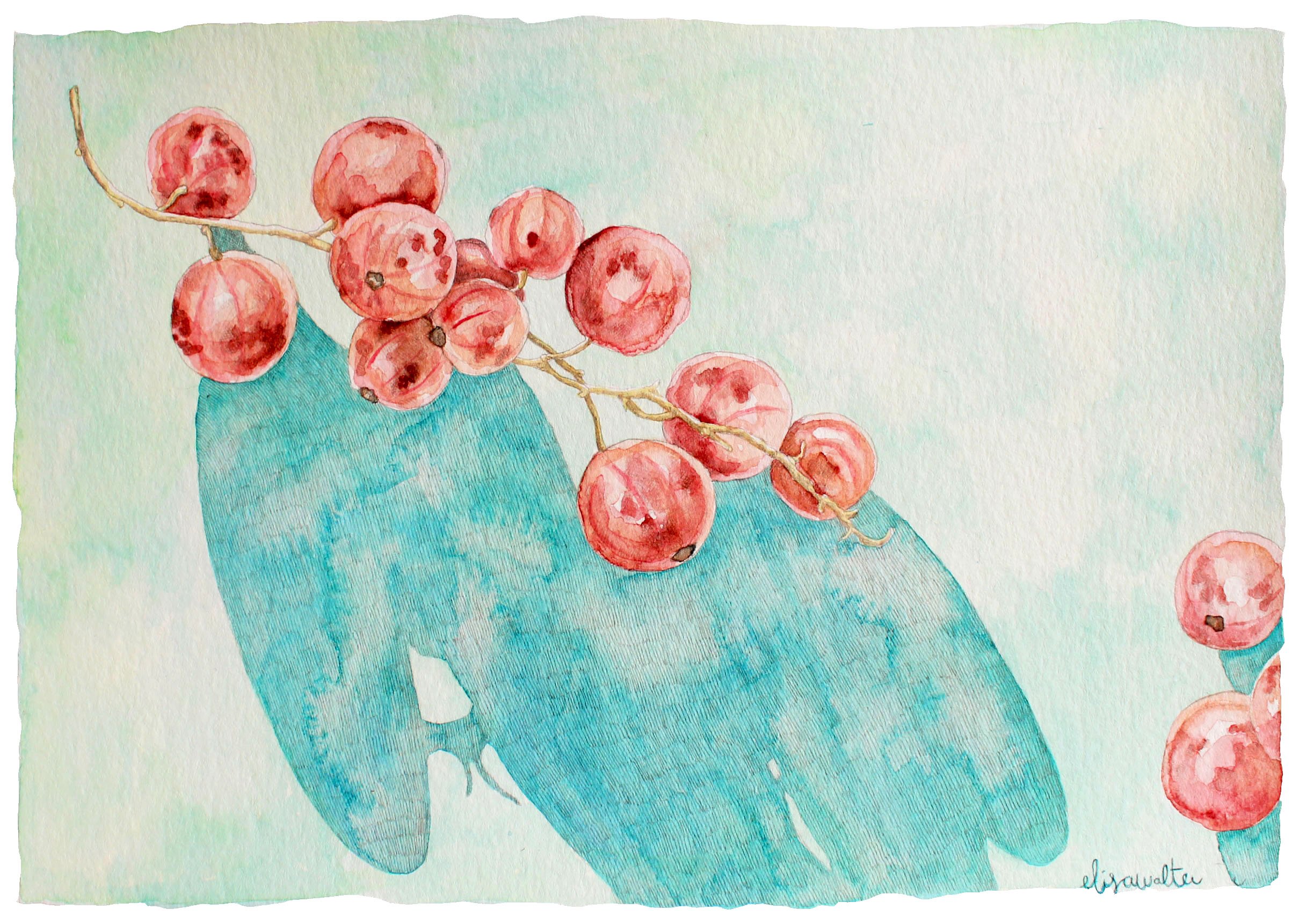 Aquarelle représentant un rameau de groseilles rouges et une feuille bleue sur un fond pastel.