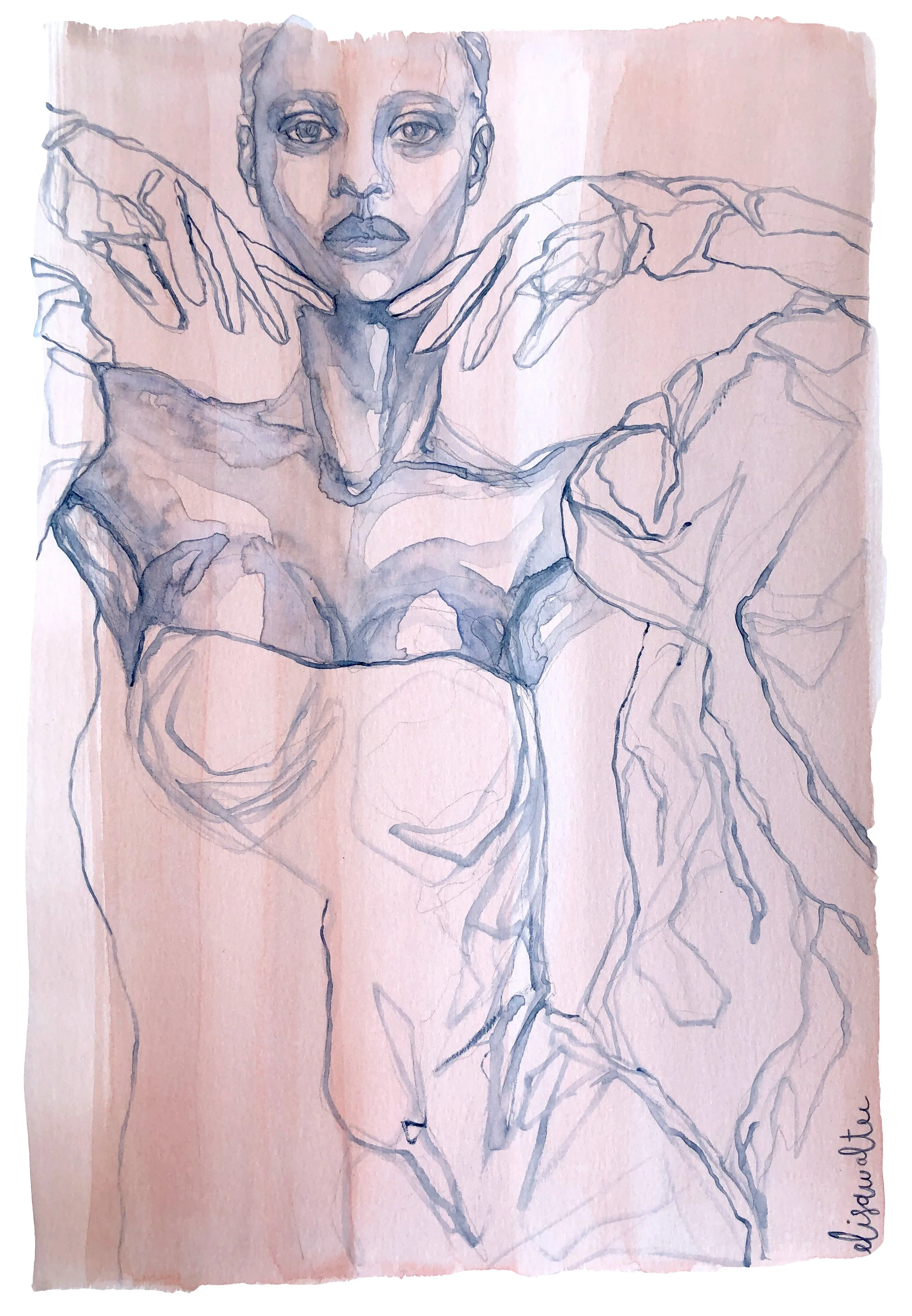 Dessin d'une femme nue esquissée avec des lignes noires, mettant en valeur son visage et sa posture avec de légères touches de couleur.