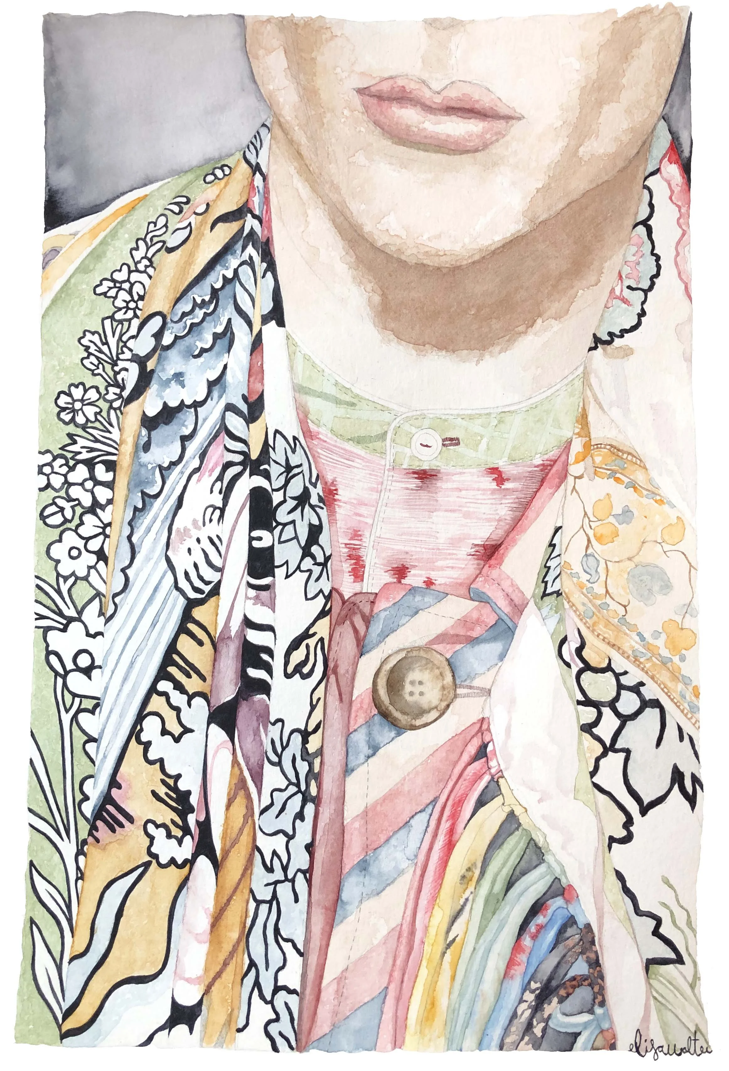 Peinture d'une personne avec un haut coloré, montrant la bouche et le cou, portant plusieurs colliers et vêtements aux motifs floraux et baroques.