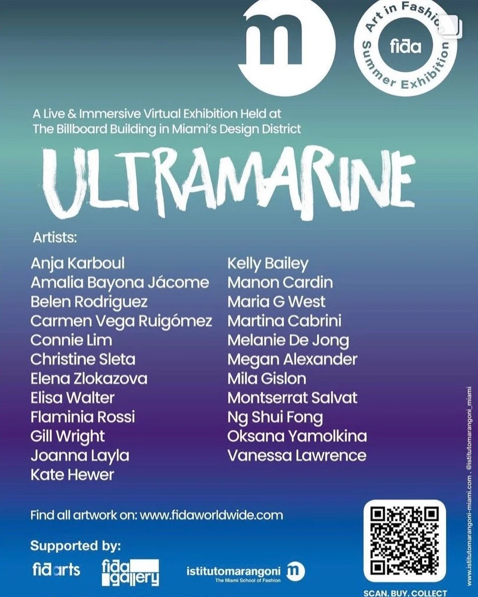 Affiche annonçant une exposition d'art virtuelle en été à Miami, intitulée 'Ultamarine', avec une liste d'artistes, un QR code, et les logos partenaires.