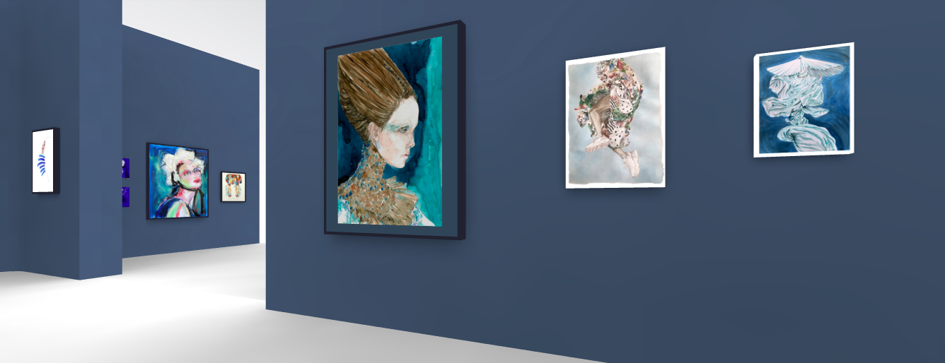 Galerie d'art avec plusieurs peintures modernes accrochées sur des murs gris.