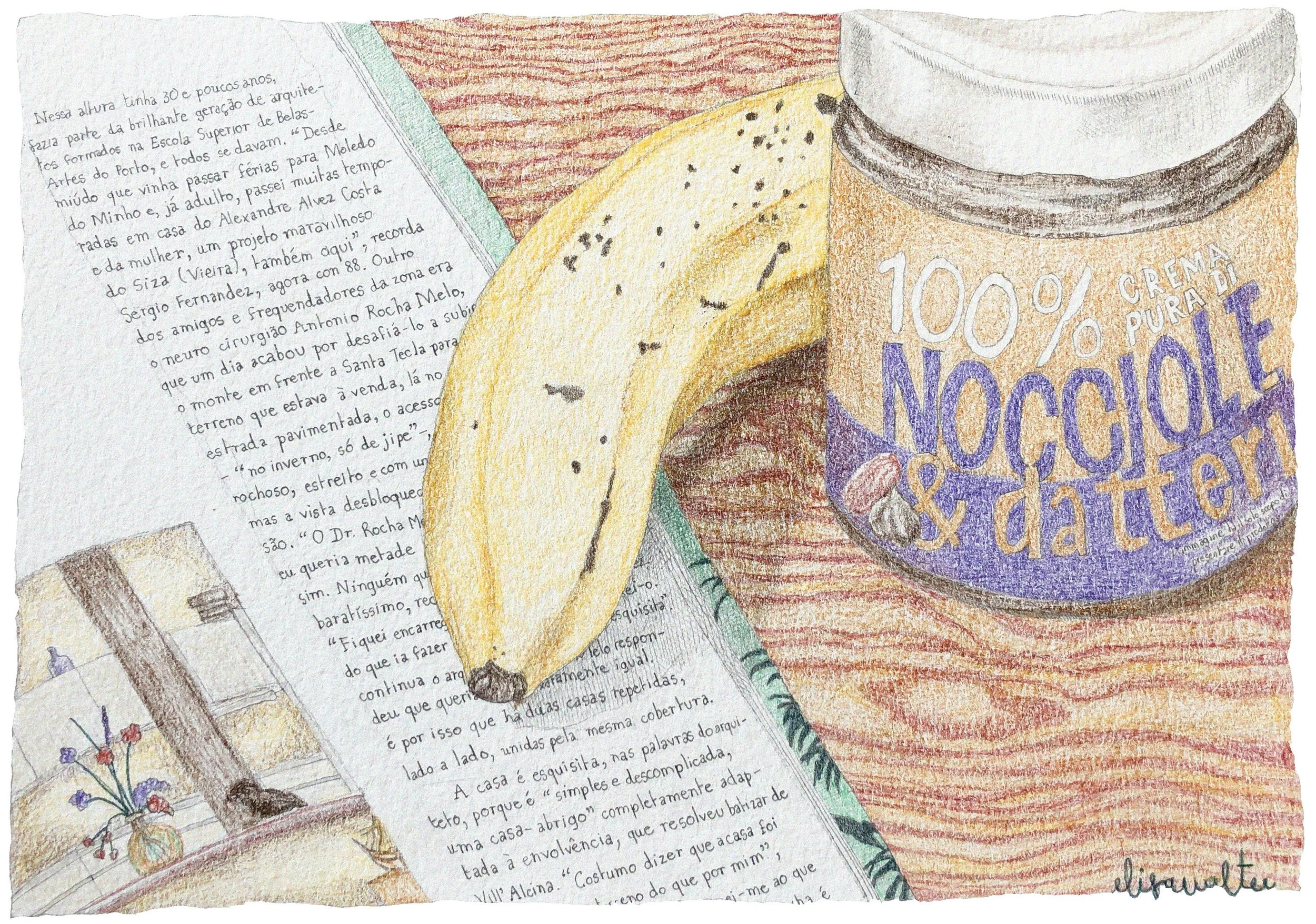 Une illustration de crayons de couleur représentant un livre ouvert, une banane, et une boîte de chocolat au lait à la noisette.