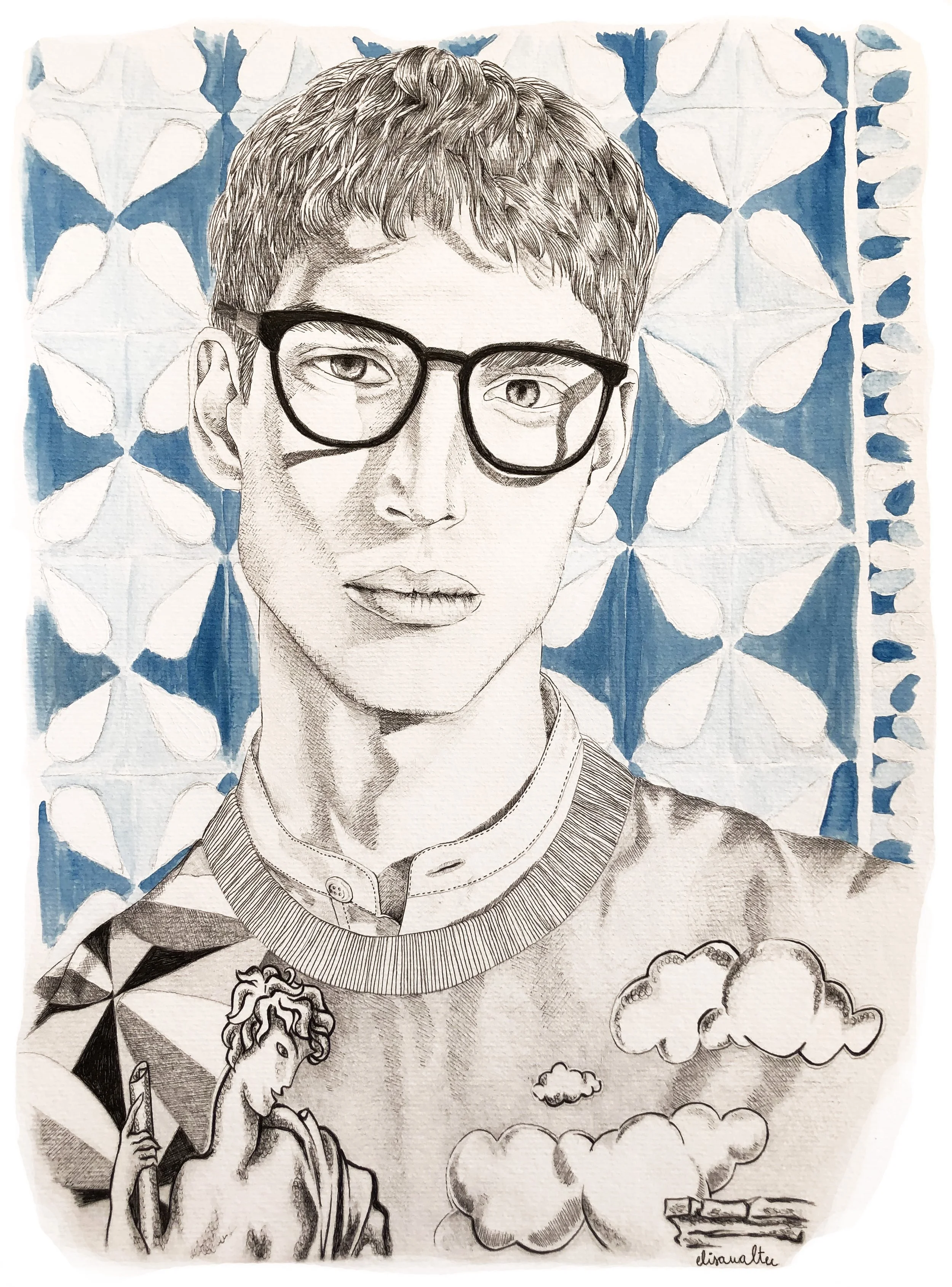 Un portrait dessiné en noir et blanc d'un jeune homme portant des lunettes, avec un fond de motif géométrique bleu et blanc.