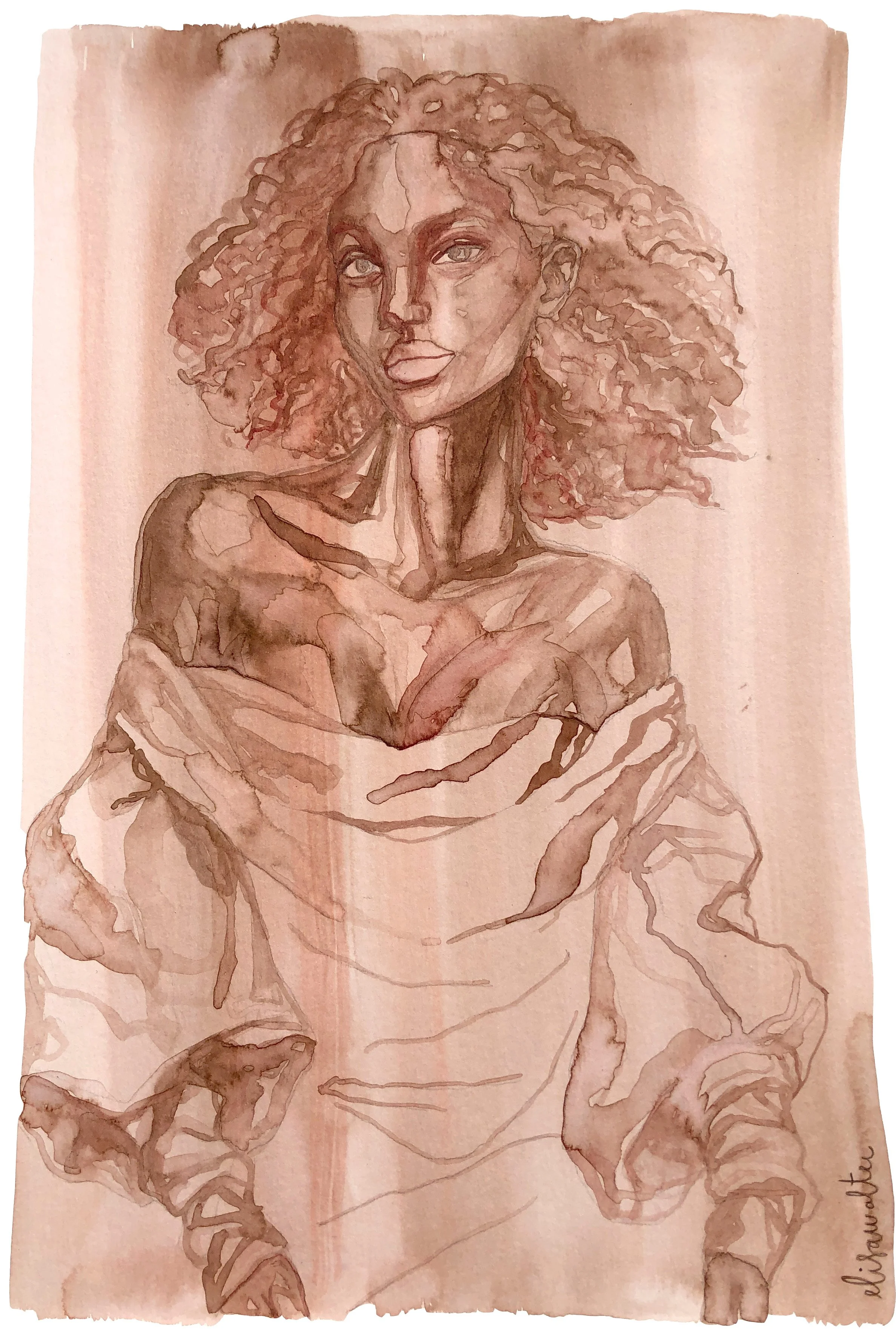 Un portrait d'une femme aux cheveux bouclés, réalisé à l'aquarelle, avec des nuances de brun et beige.