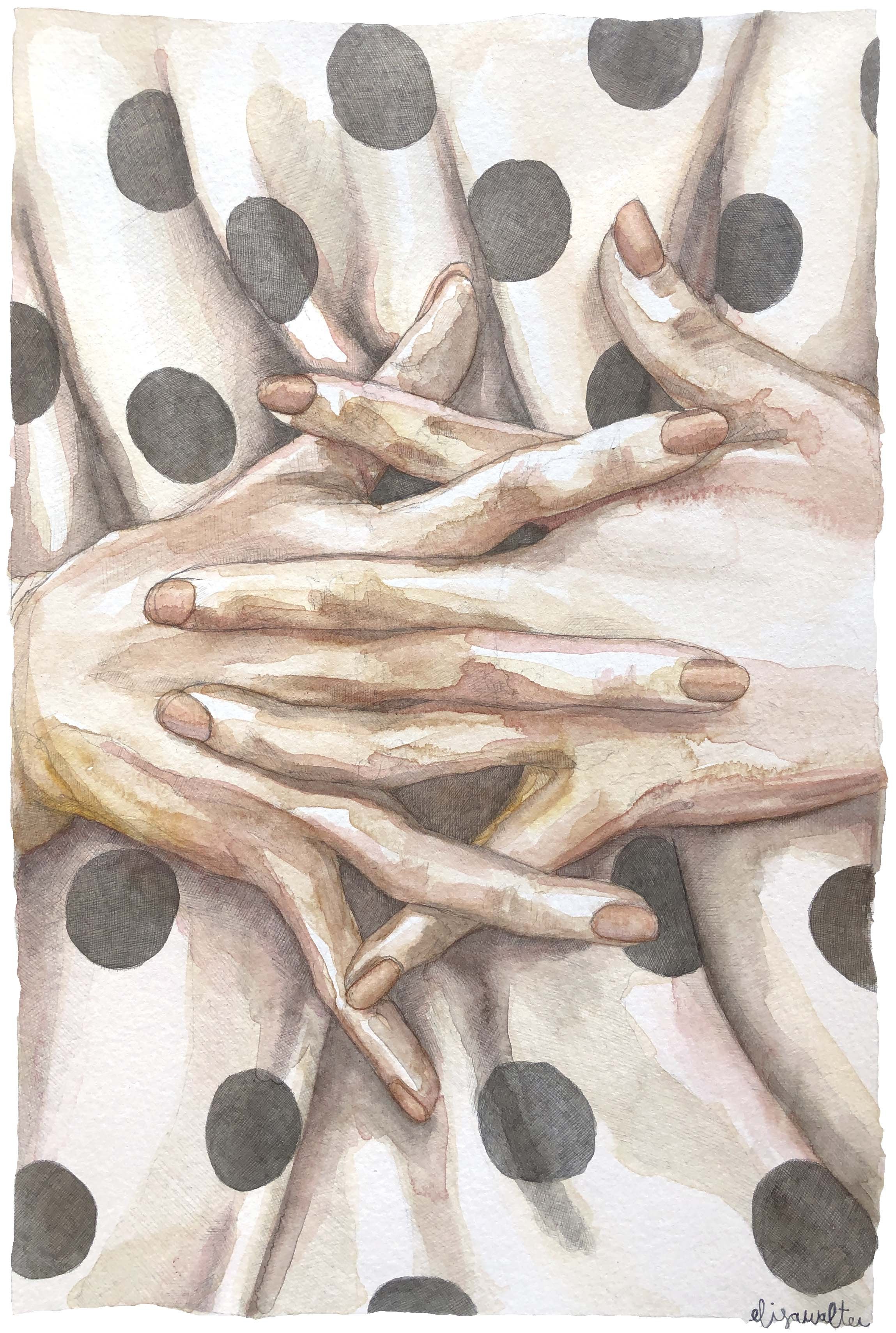 Une illustration artistique de plusieurs mains qui se croisent, portant des vêtements à motifs de pois noirs.