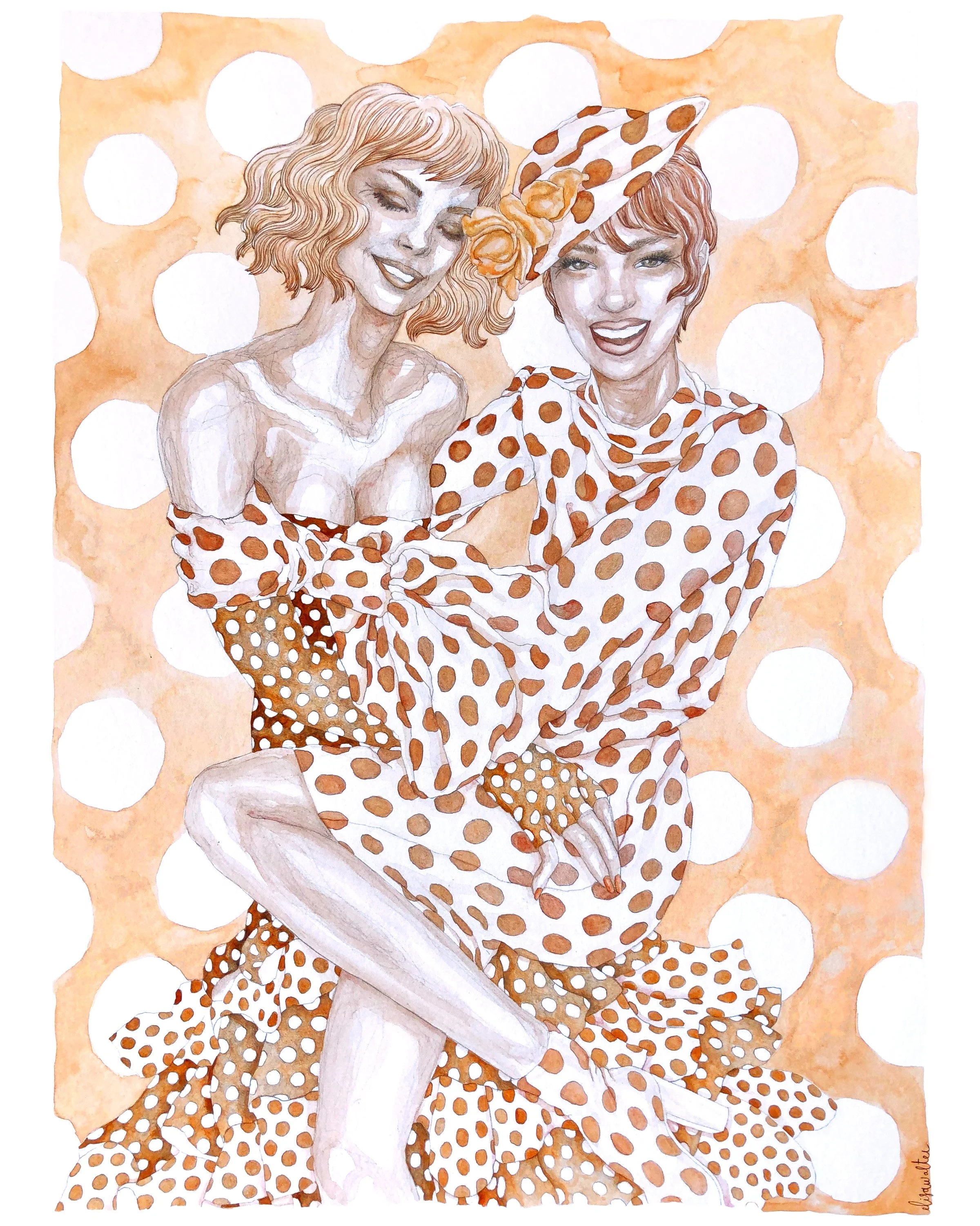Une illustration de deux femmes souriantes, vêtues de vêtements à pois. L'une porte un chapeau à pois, et elles semblent partager un moment joyeux, avec un fond à motif de pois oranges et blancs.